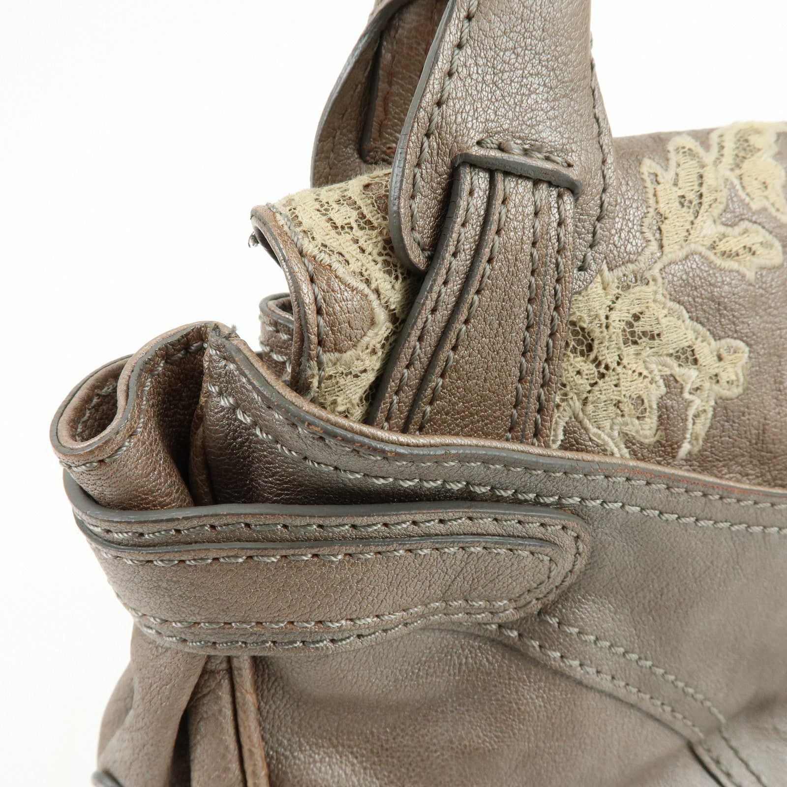 VALENTINO Flower Embroidery Leather Hand Bag Shoulder Bag Greige