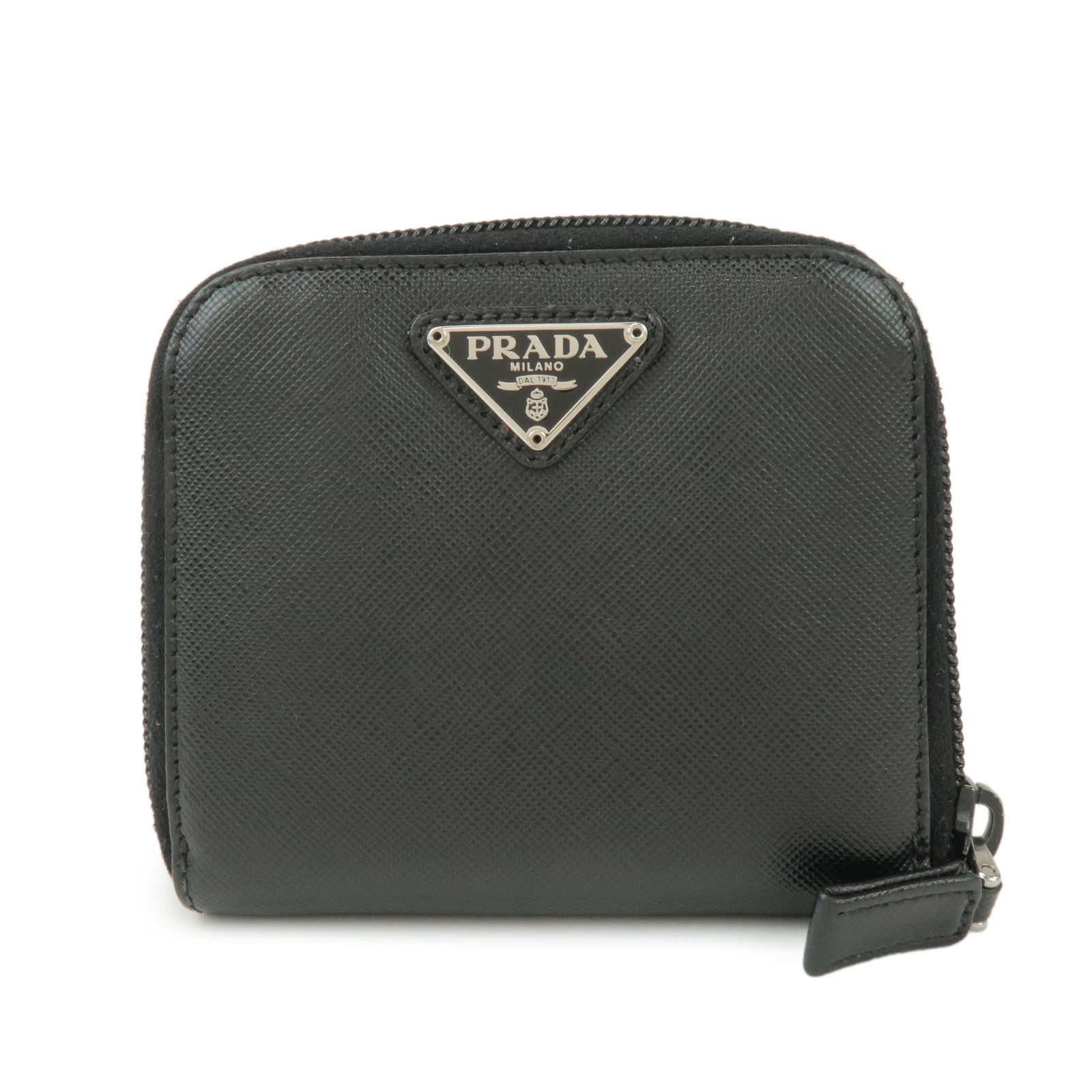 PRADA Logo Leather Round Zippy Bi-fold Wallet Black 1ML522