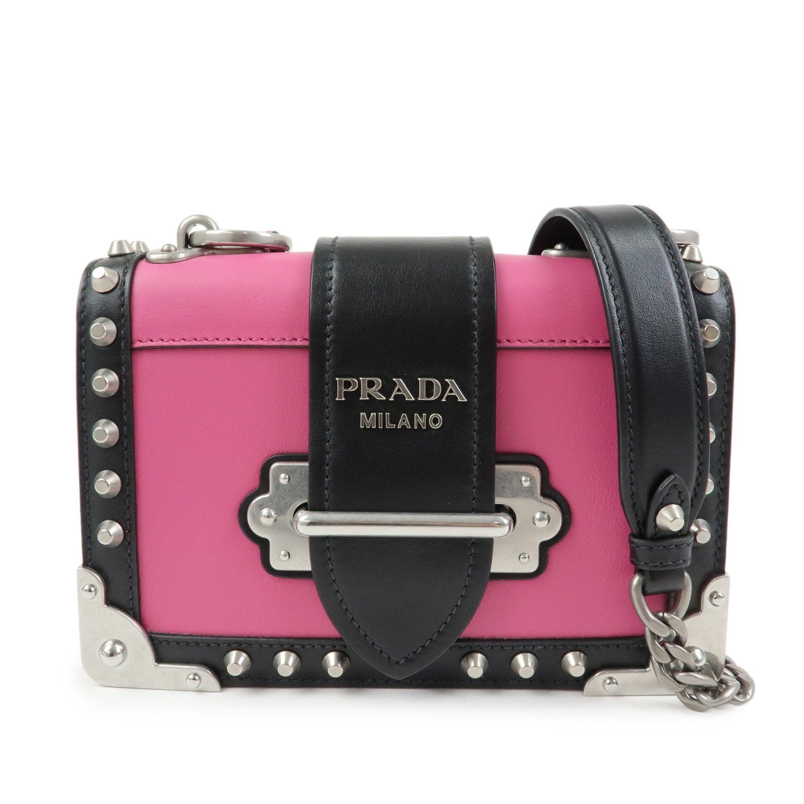 PRADA Cahier Calf Leather Studs Shoulder Bag Pink Black 1BH018