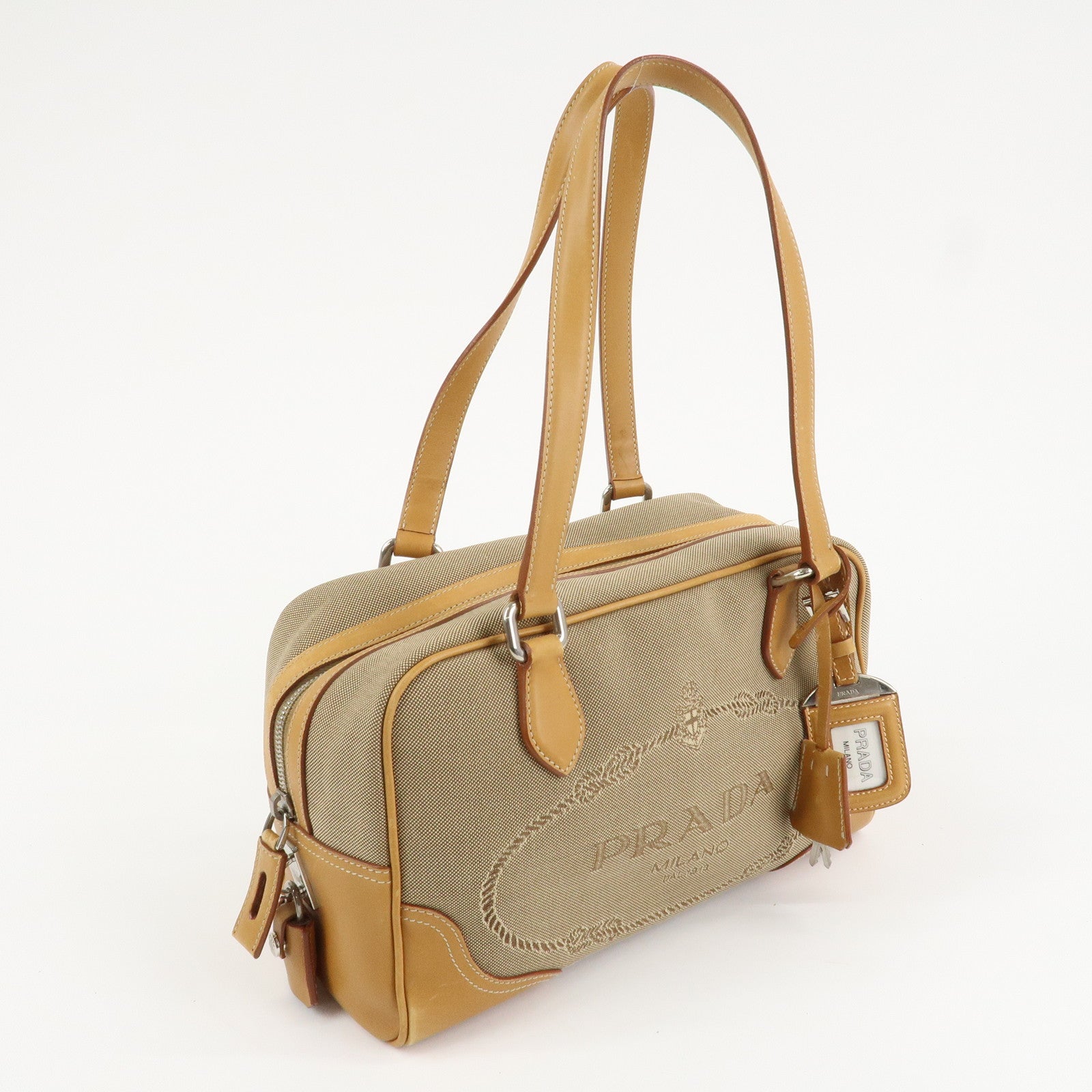 PRADA Logo Jacquard Leather Boston Bag Shoulder Bag Beige Used