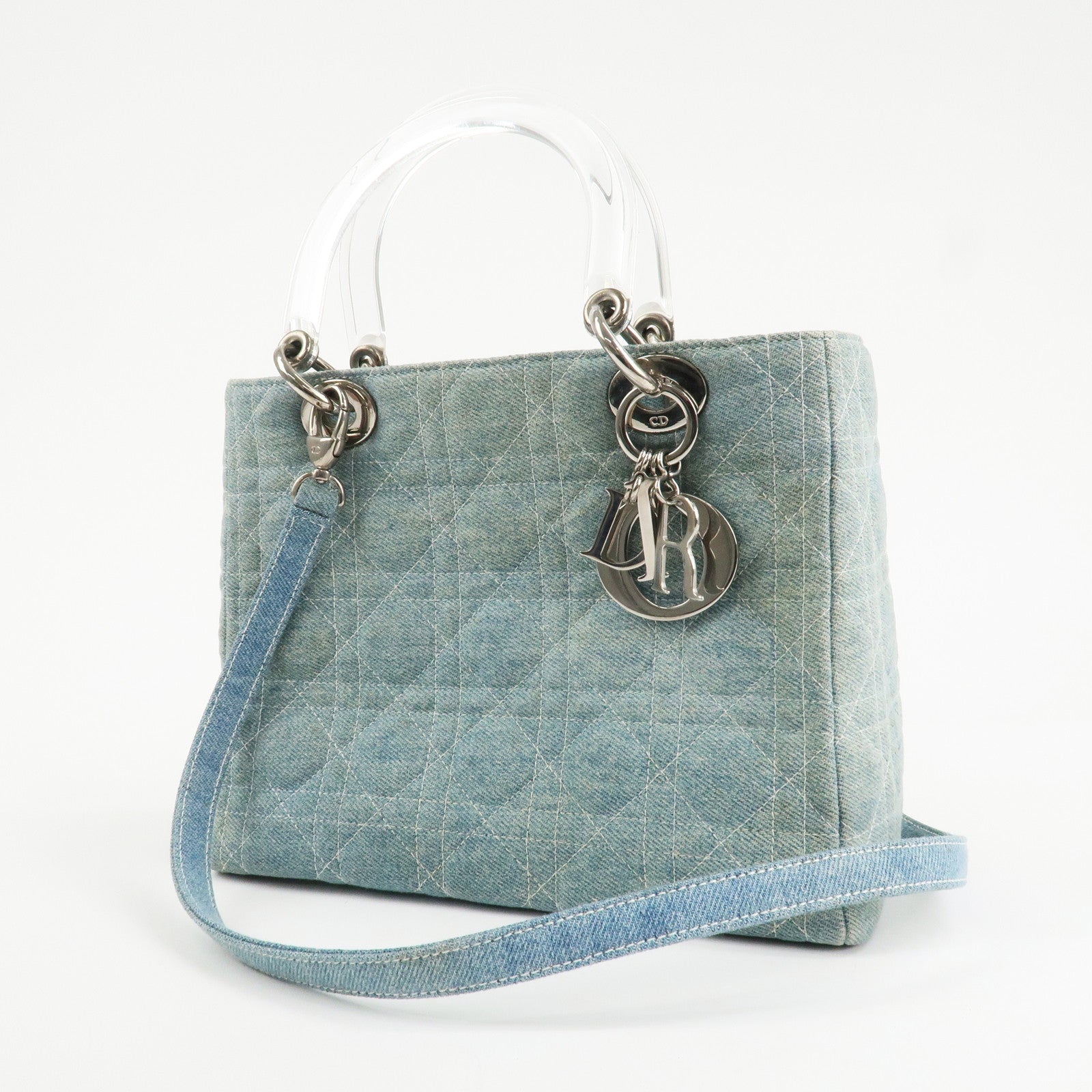Christian Dior Lady Dior Denim 2way Hand Shoulder Bag Light Blue Used