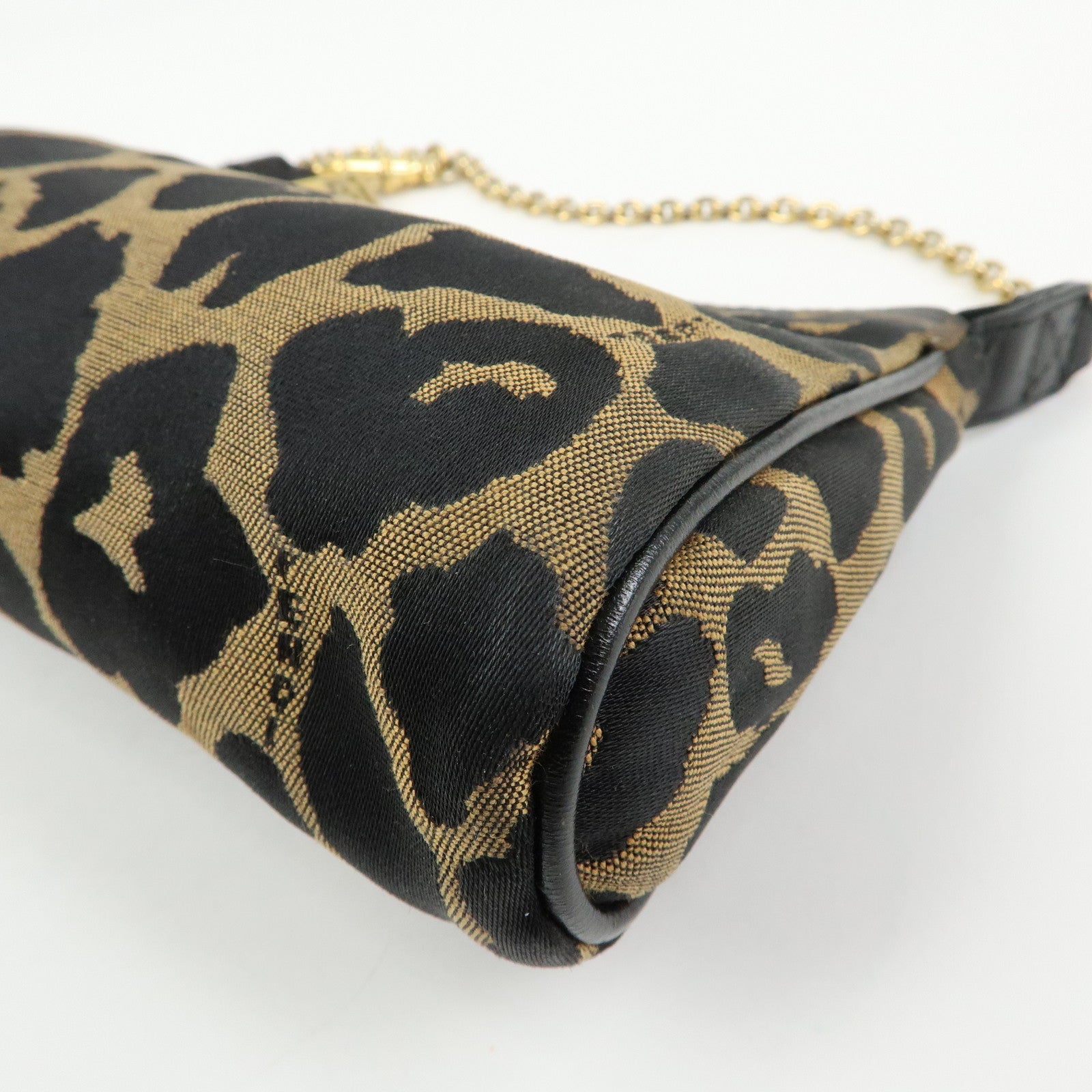FENDI Canvas Leather Leopard Chain Hand Bag Brown Black 8M0264