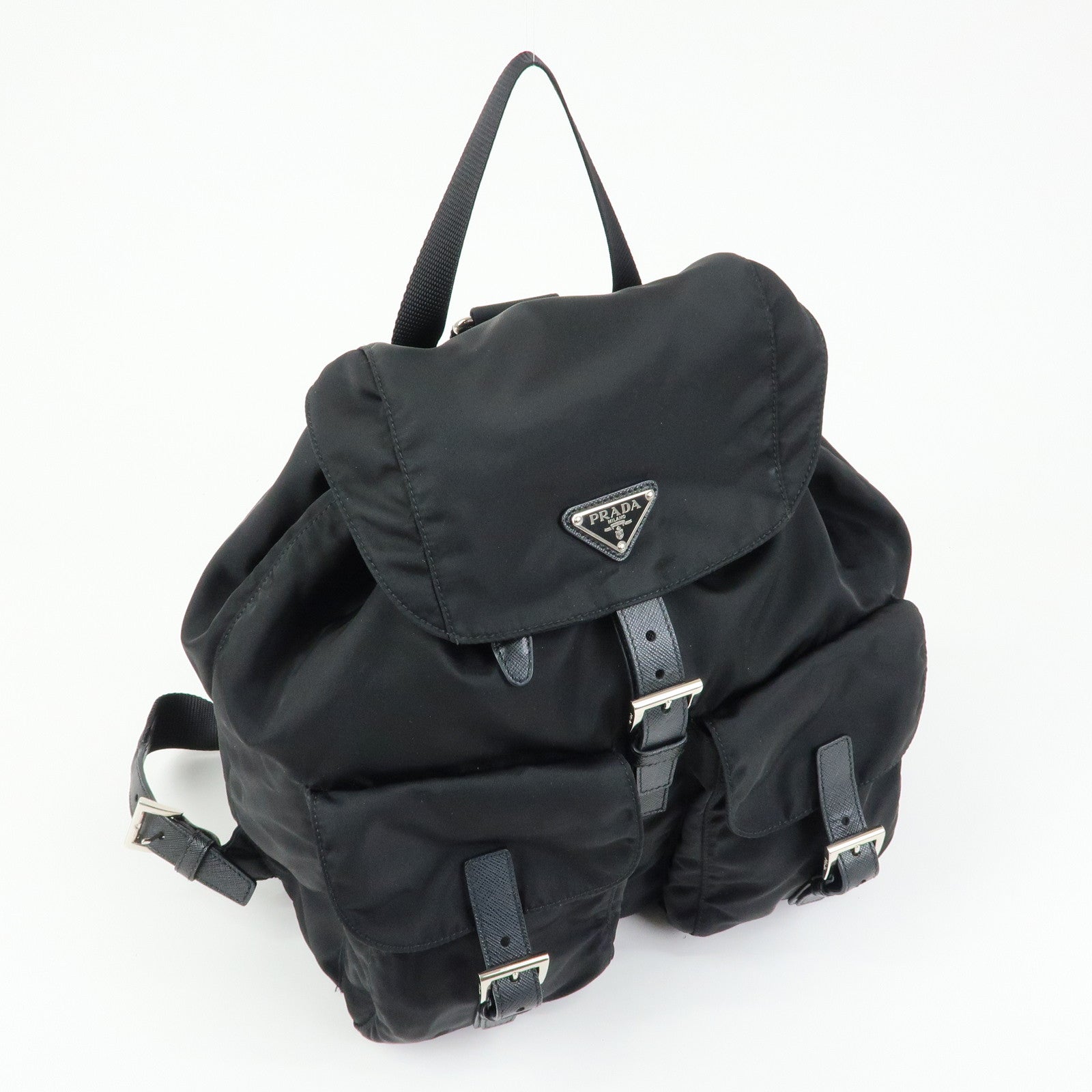 PRADA Triangle Logo Nylon Saffiano leather Backpack Rucksuck Black