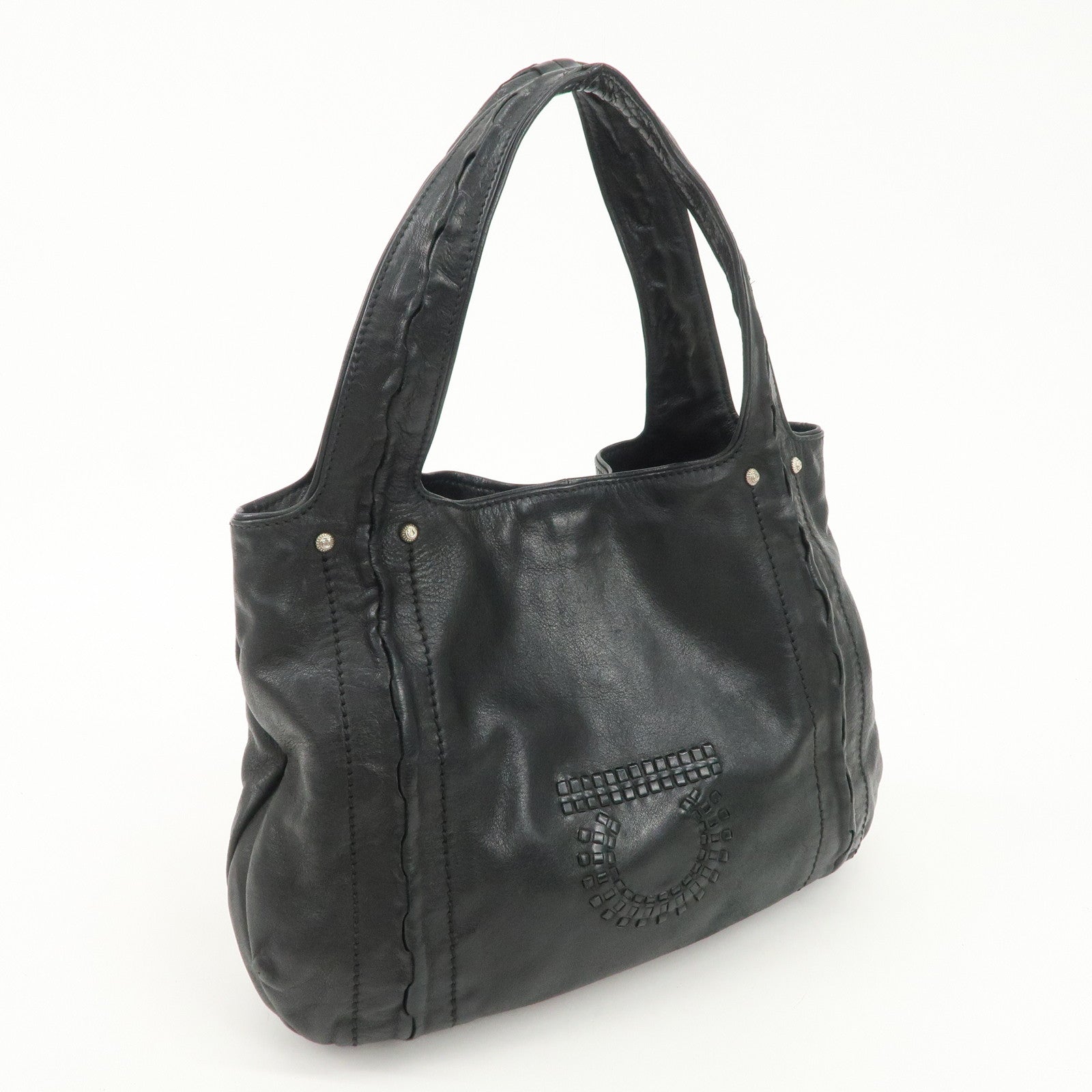 Ferragamo Gancini Leather Shoulder Bag Hand Bag Black