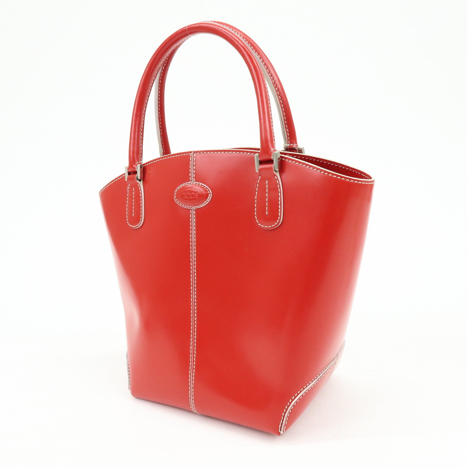 TOD'S Logo Leather Hand Bag Tote Bag Red