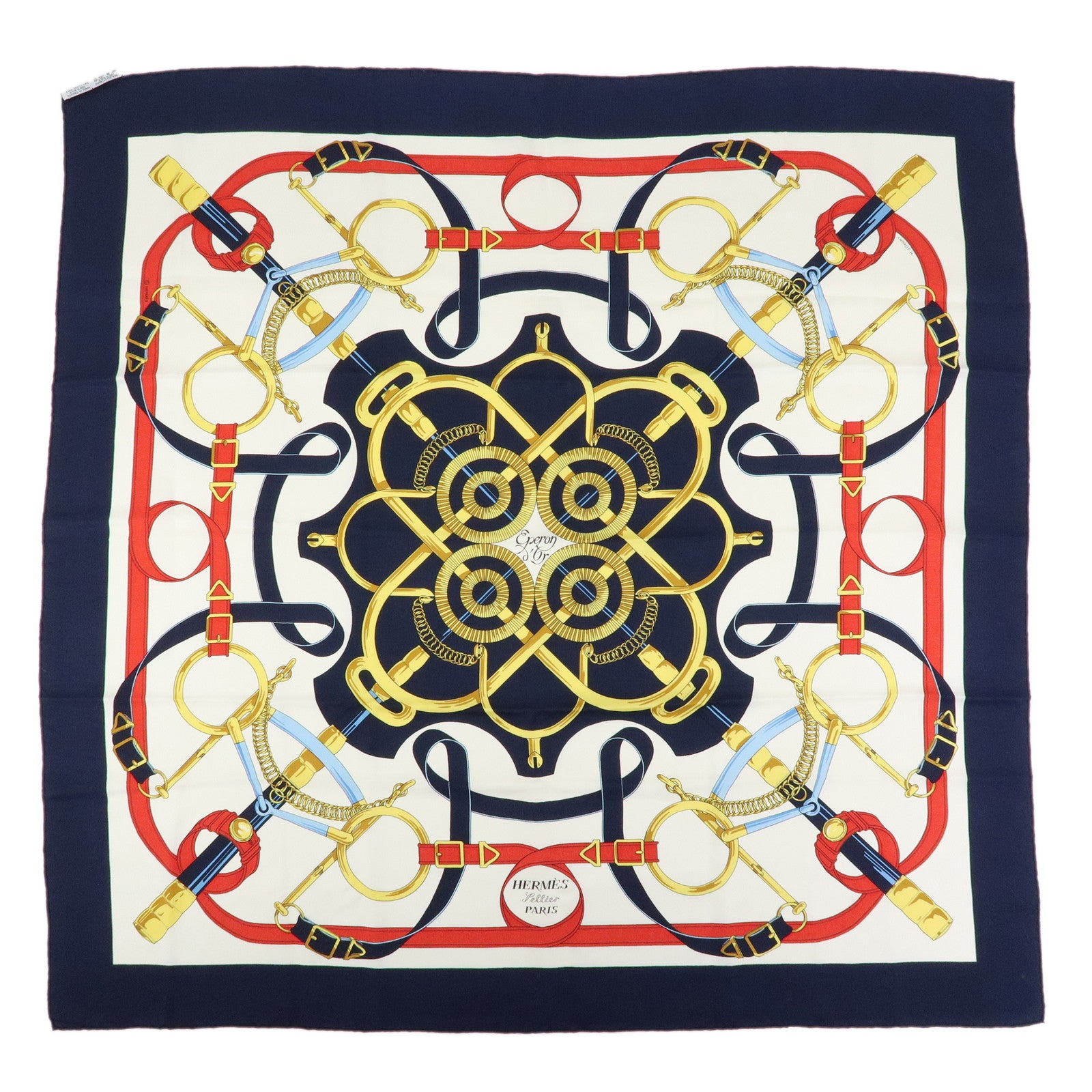 HERMES Carre 90 Silk 100% Scarf Eperon d'or Navy Ivory Red Gold
