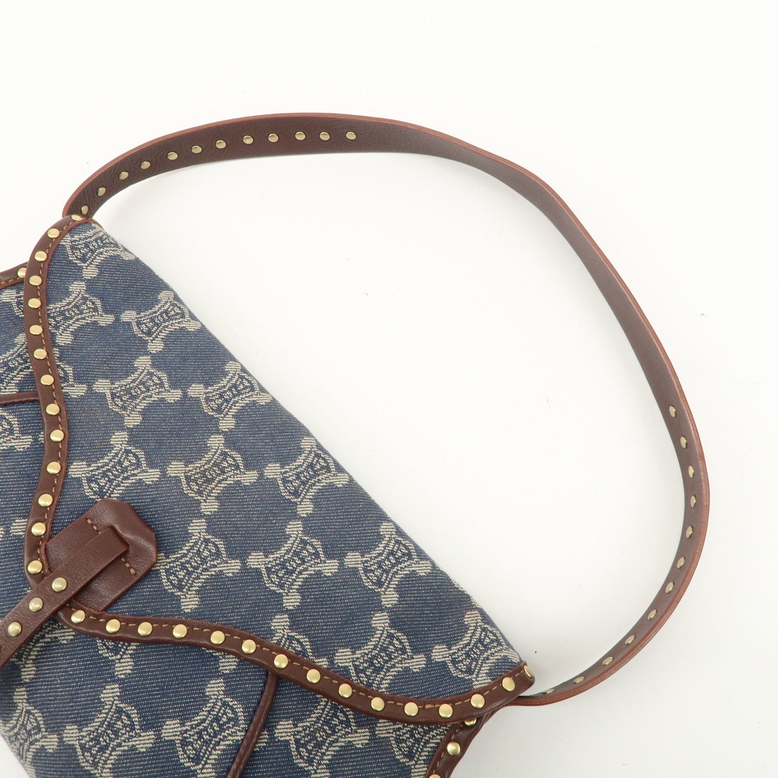 CELINE Macadam Studs Denim Leather Shoulder Bag Dark Brown Navy Used