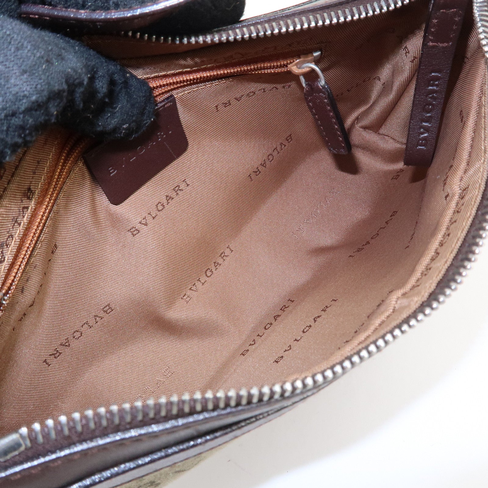 BVLGARI Logo Mania Canvas Leather Shoulder Bag khaki Dark Brown Used