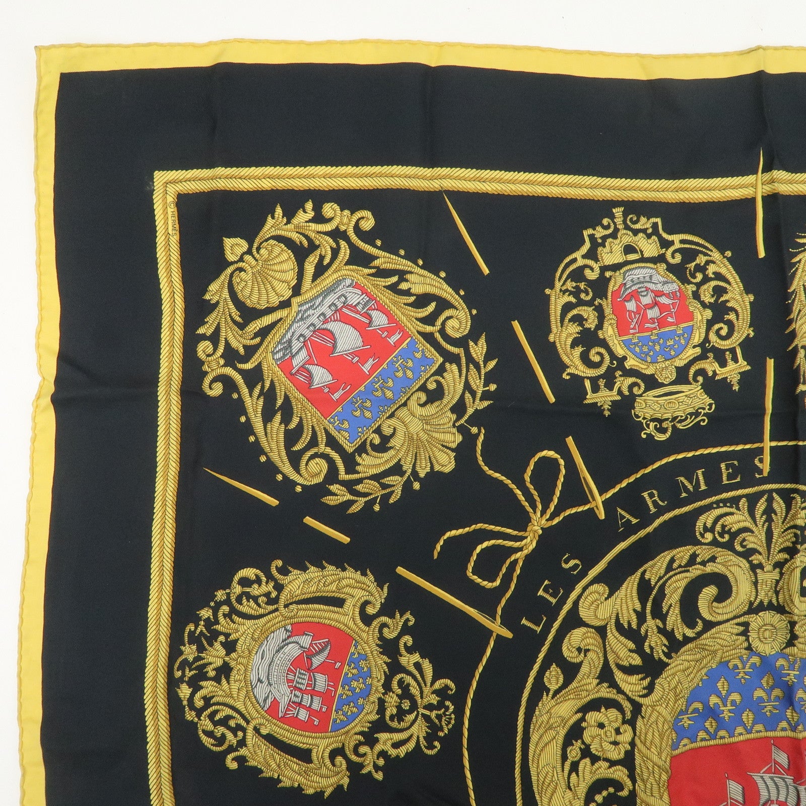 HERMES Carre 90 Silk 100% LES ARMES DE PARIS Scarf Black Gold