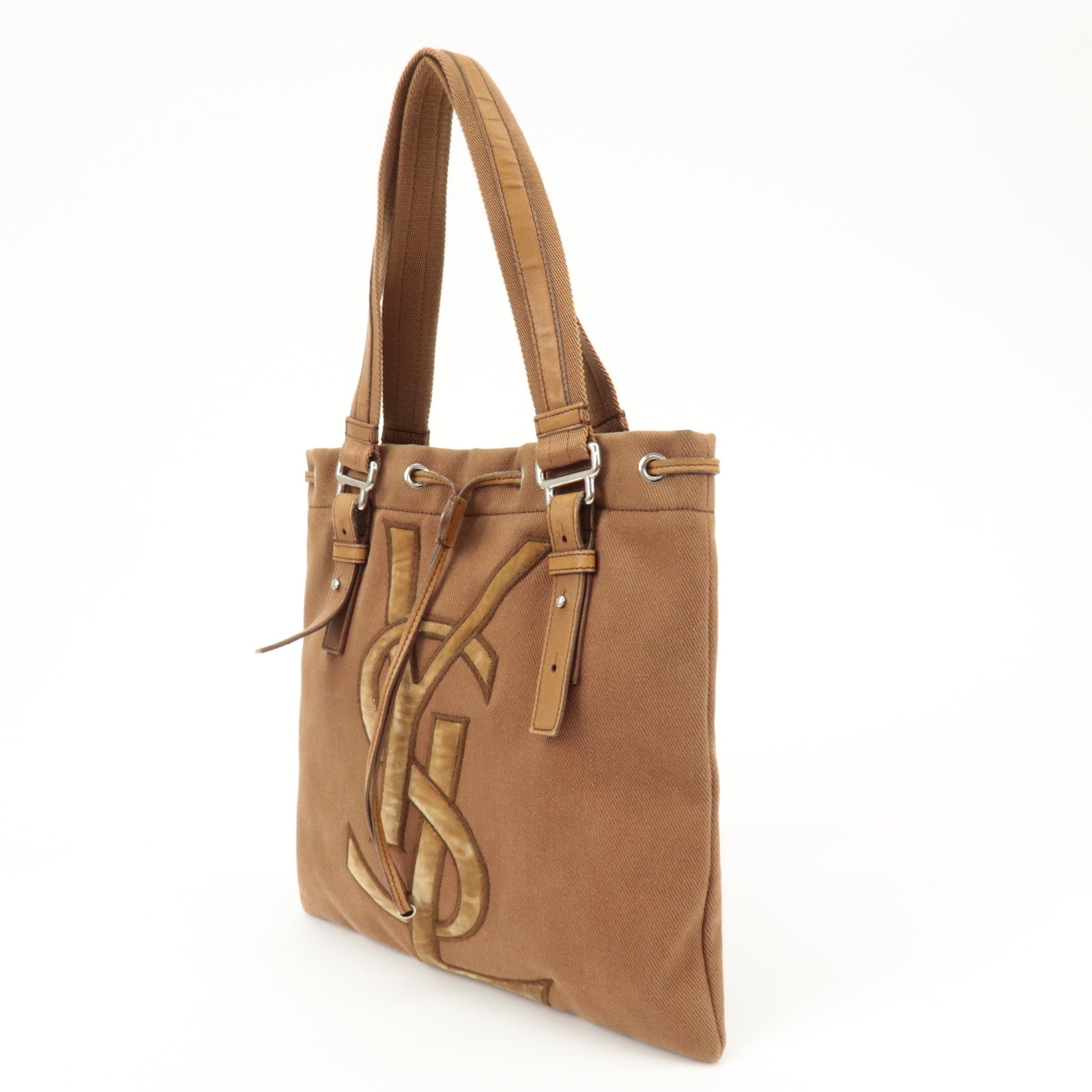 SAINT LAURENT Kahara Leather Canvas Velour Tote Bag Brown Used