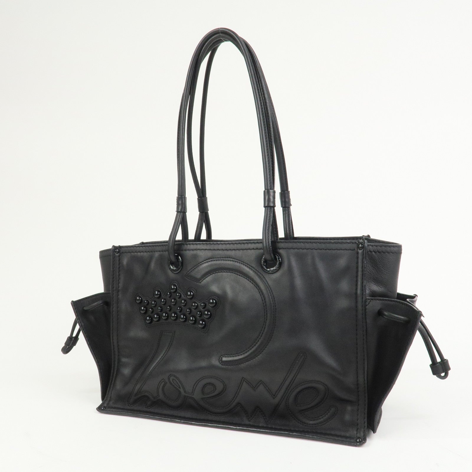 LOEWE Logo Leather Shopper Tote Bag Shoulder Bag Hand Bag Black