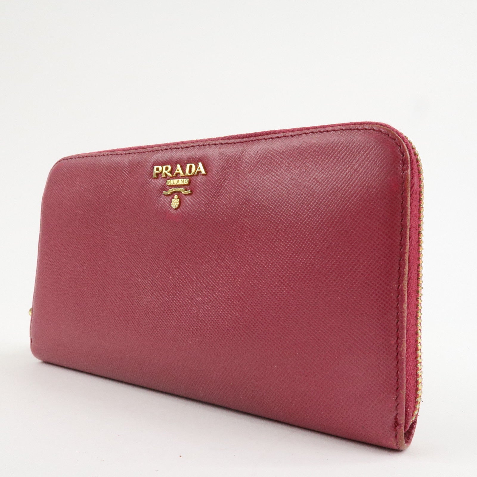 PRADA Logo Saffiano Leather Round Zippy Long Wallet Pink 1M0506 Used