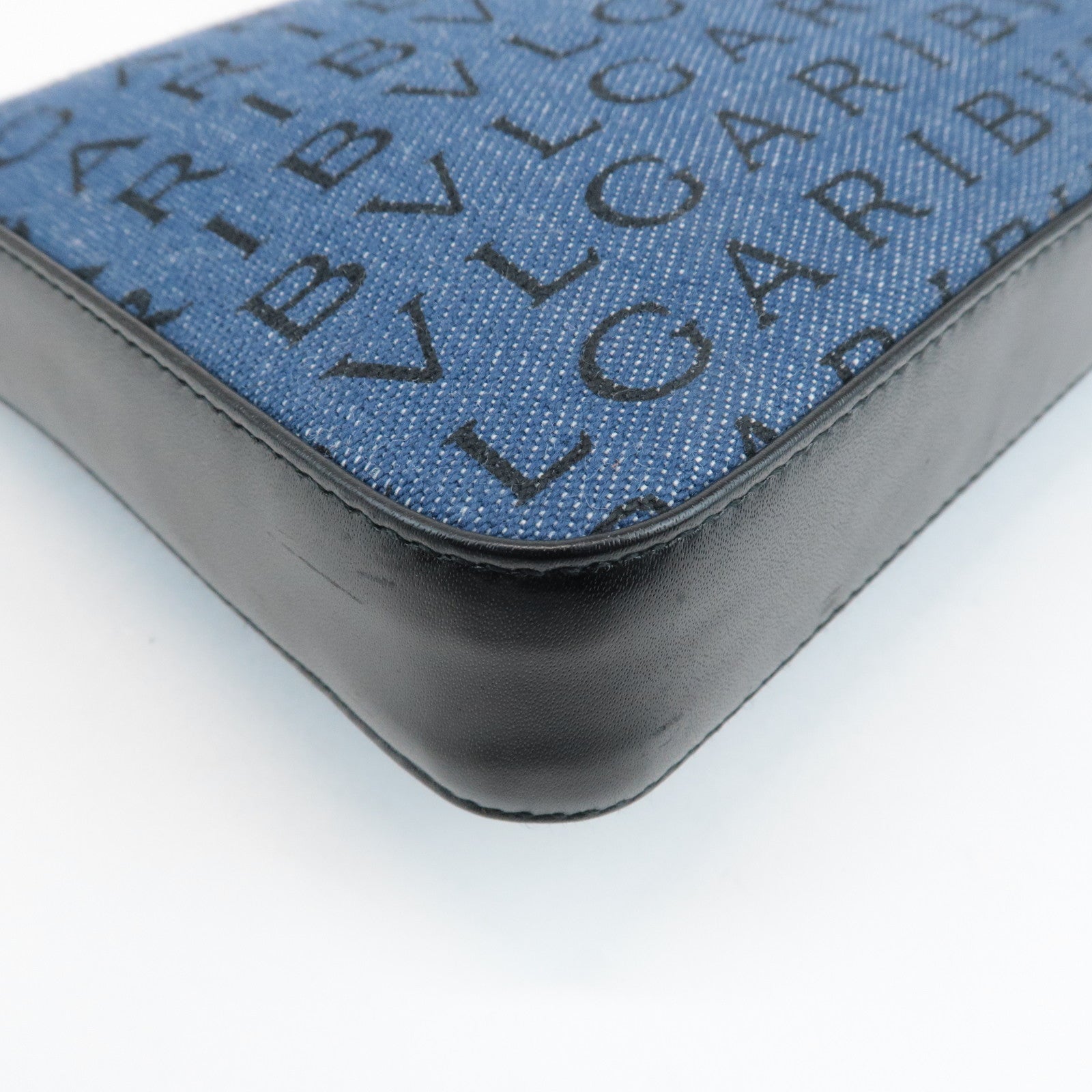 BVLGARI Logo Mania Denim Shoulder Bag Black Navy Blue Used