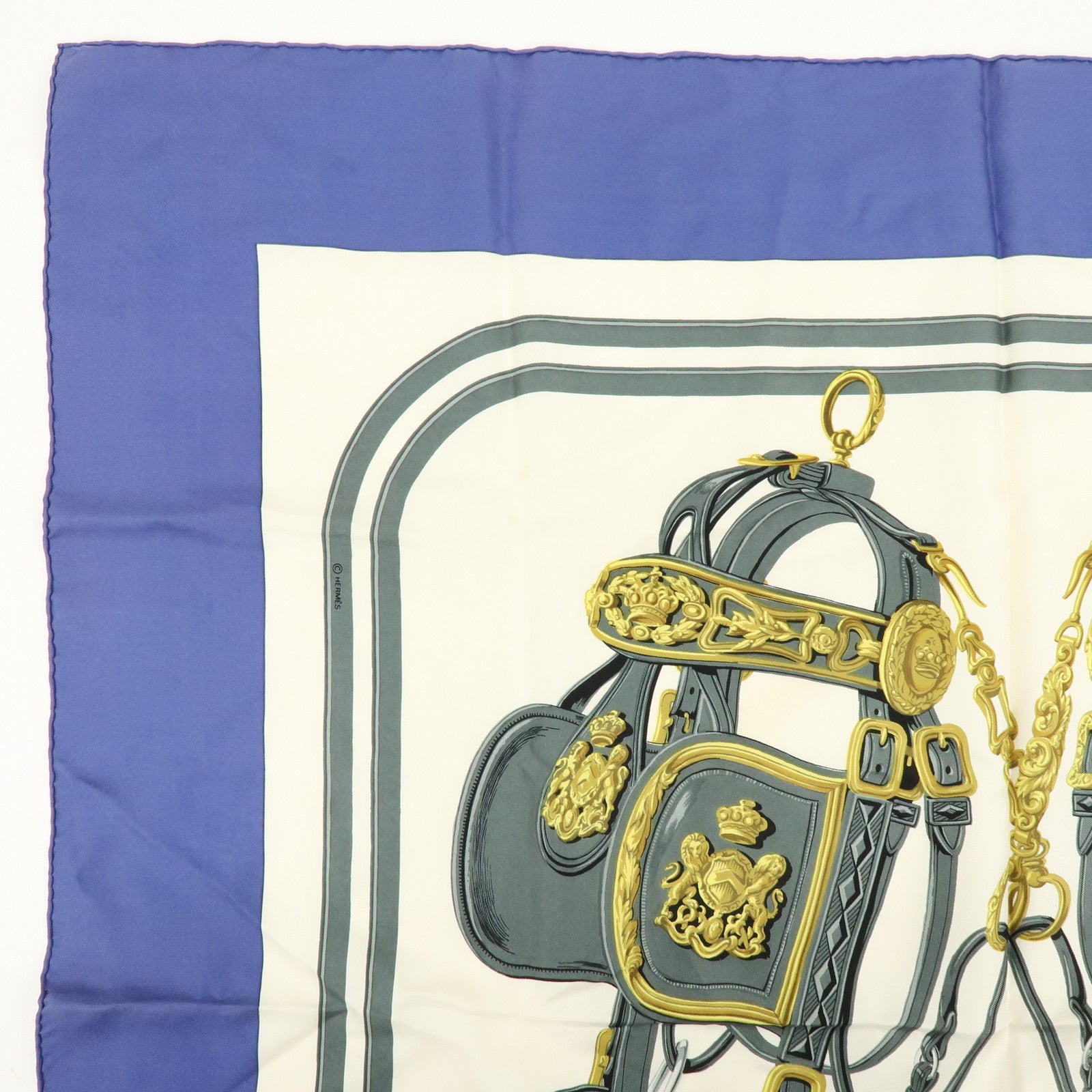 HERMES Carre 90 Silk 100% BRIDES DE GALA Scarf Ivory Blue