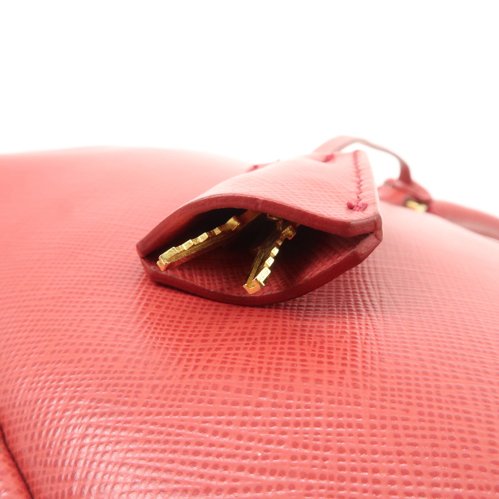 PRADA Triangle Logo Saffiano Leather Boston Bag Hand Bag Red BL0095 Used