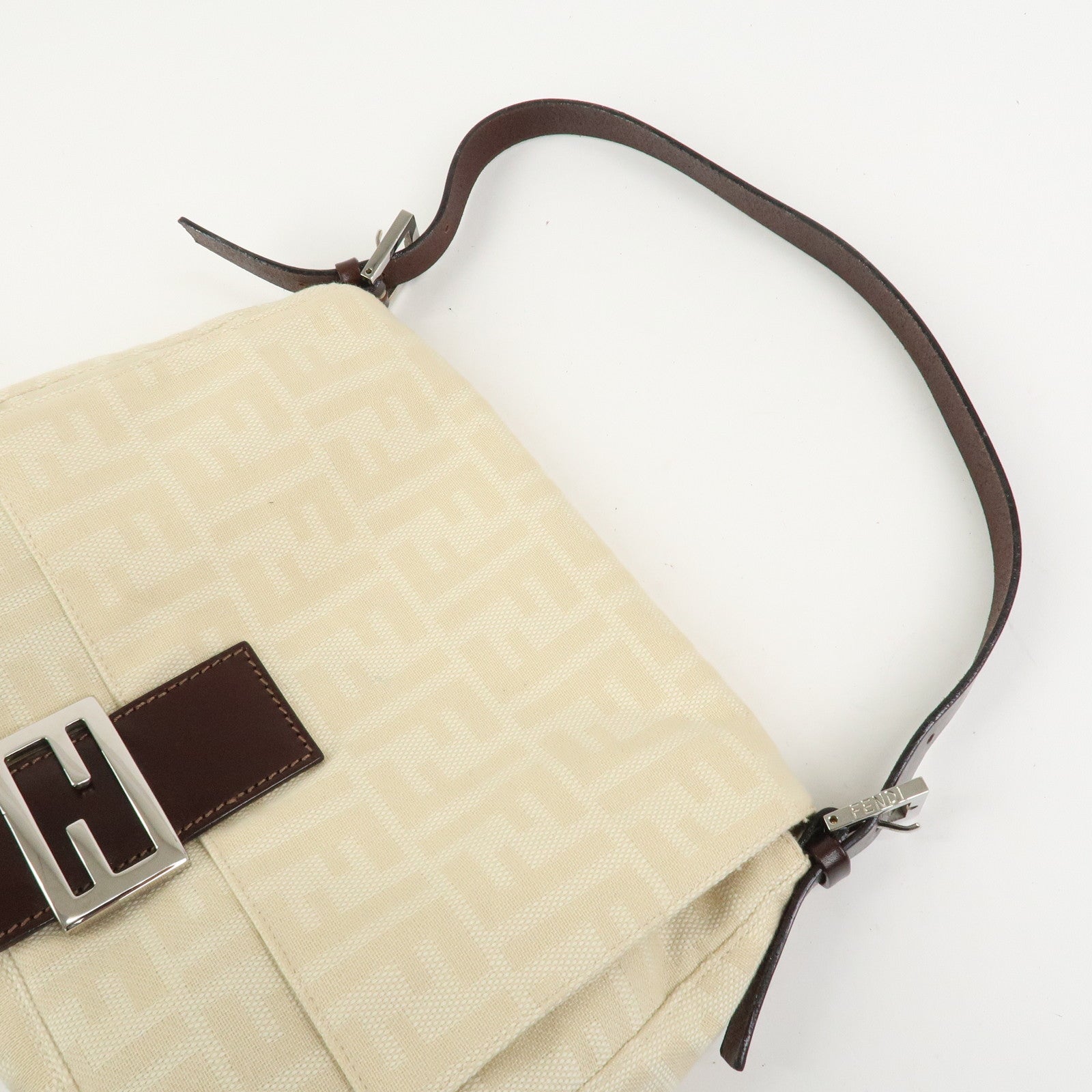 FENDI Mamma Baguette Canvas Leather Shoulder Bag Ivory 26325