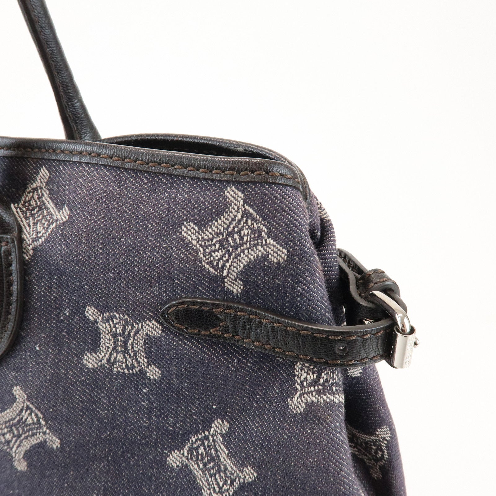 CELINE Macadam Logo Canvas Leather Shoulder Bag Hand Bag Navy