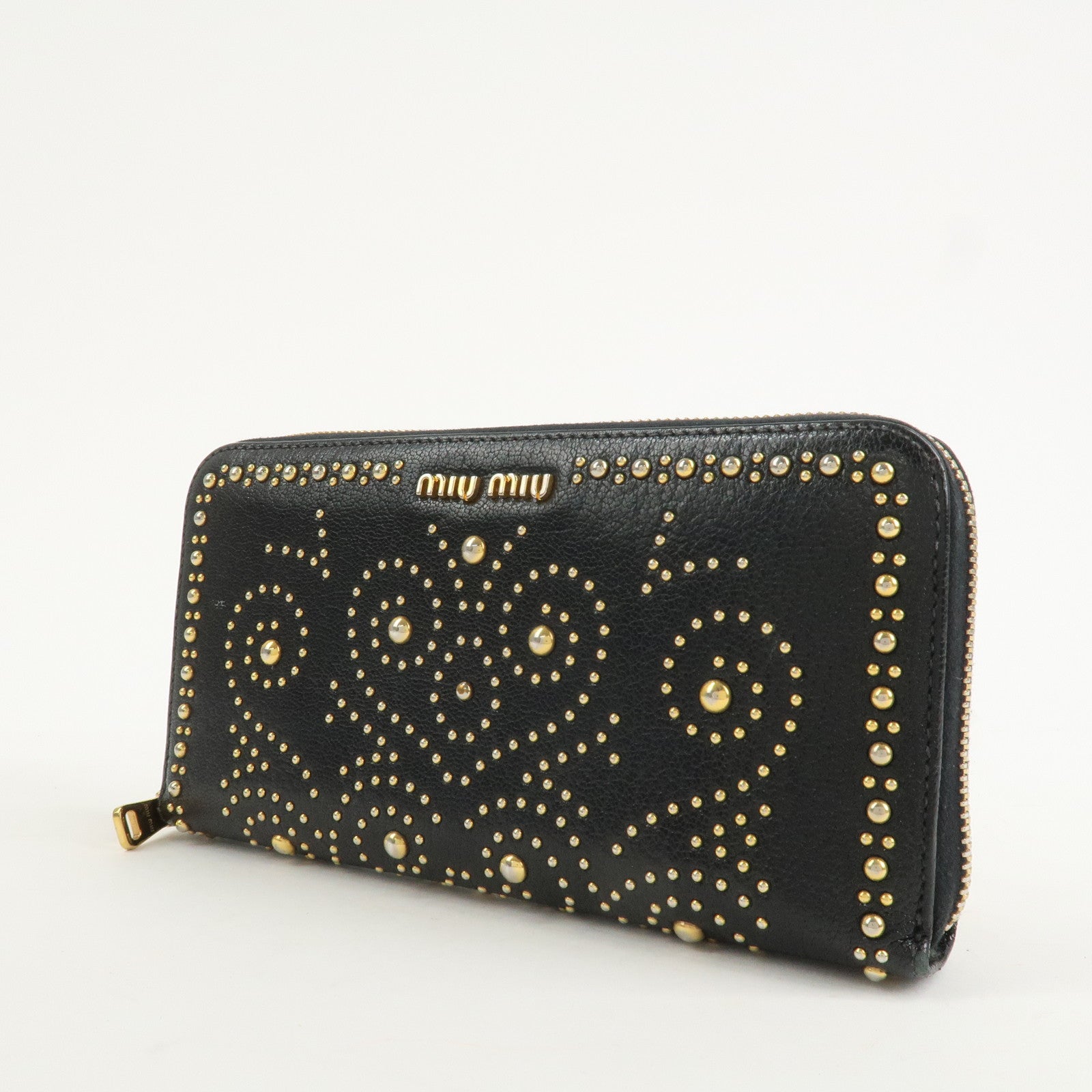 MIU MIU Leather Studs Round Zippy Long Wallet Black 5ML506 Used