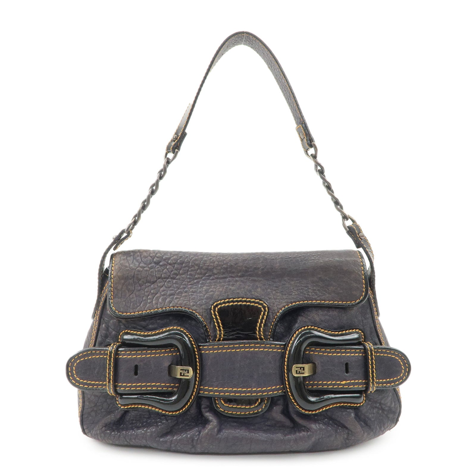 FENDI Leather Patent Leather shoulder Bag Belt Navy 8BR551