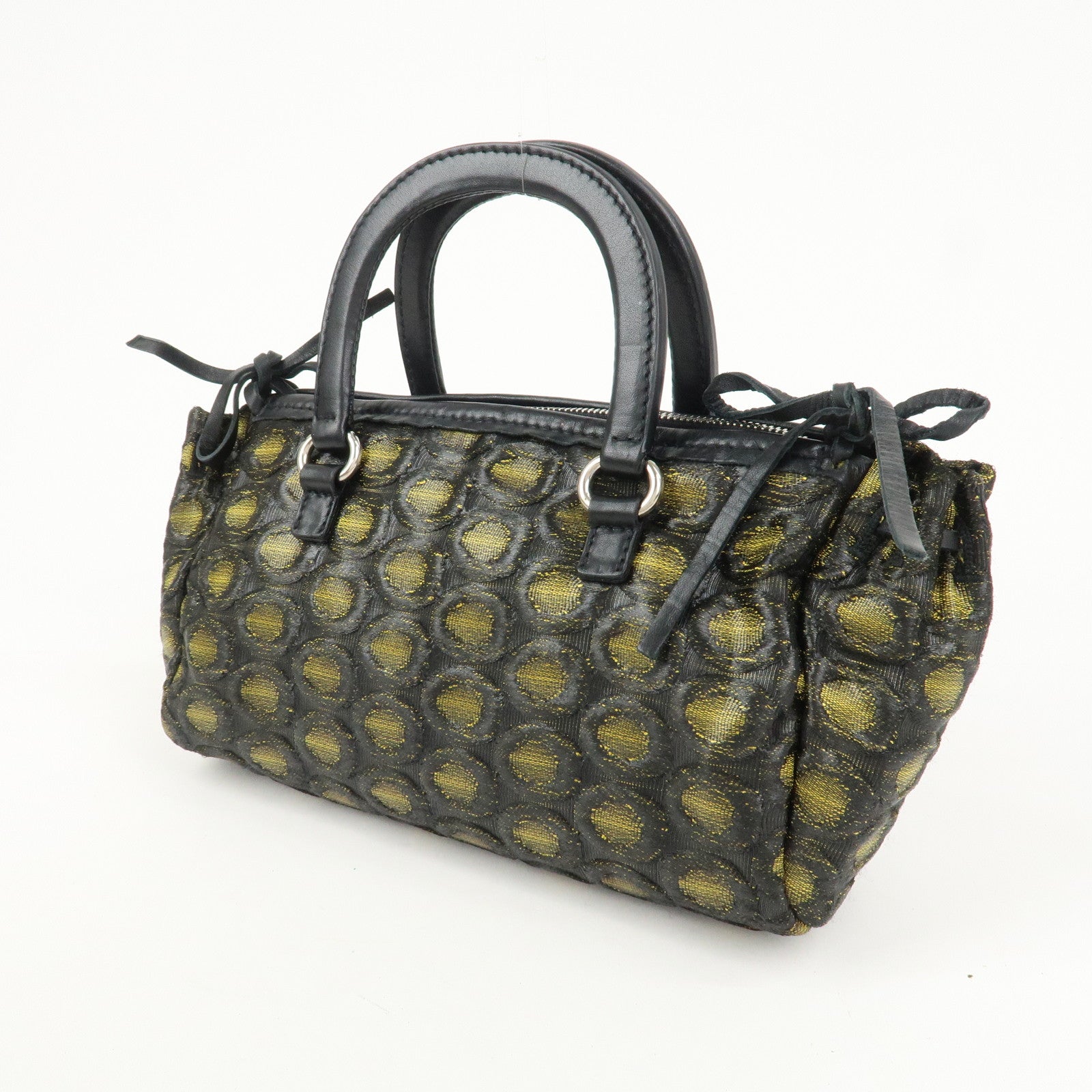 PRADA Triangle Logo Nylon Leather Ribbon Hand Bag Black Yellow