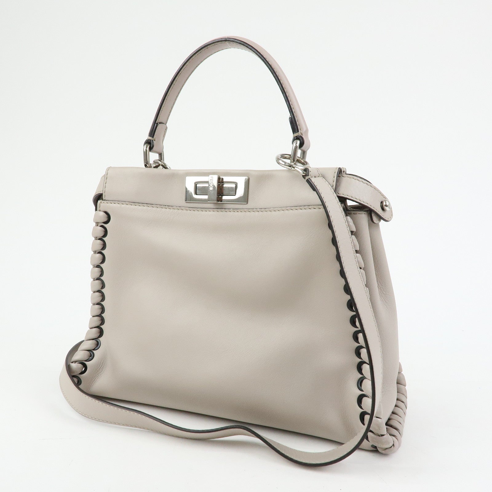 FENDI Peekaboo Leather 2Way Bag Hand Bag Shoulder Bag Gray 8BN290