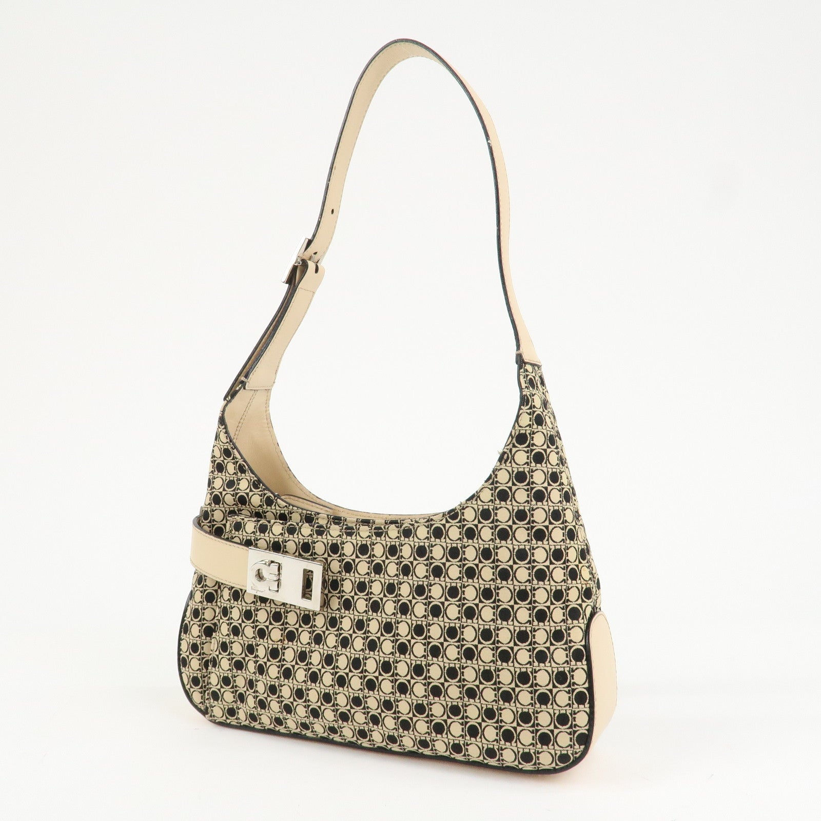 Ferragamo Gancini Canvas Leather Shoulder Bag Hand Bag Beige Black