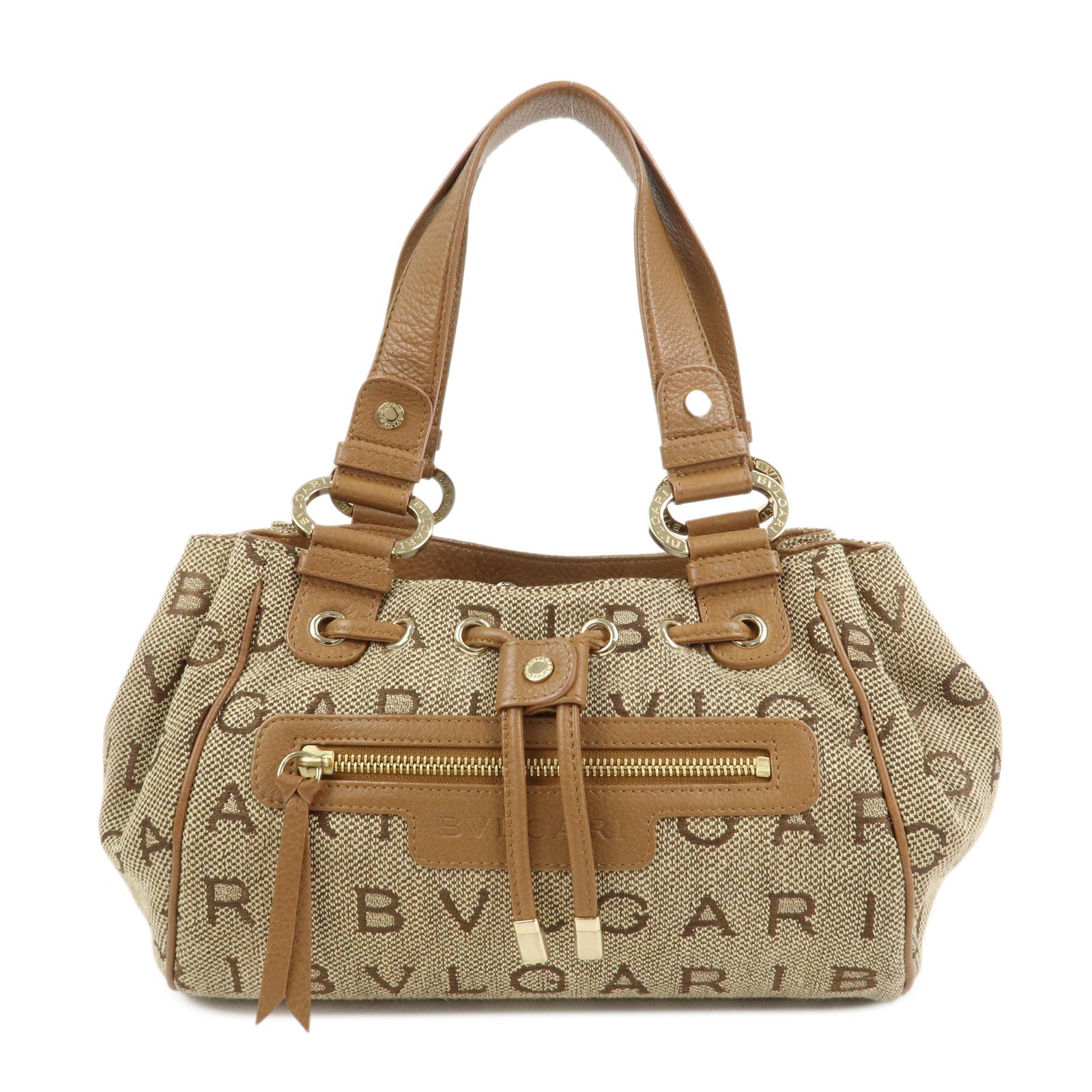 BVLGARI Logo Mania Jacquard Leather Hand Bag Tote Bag Beige