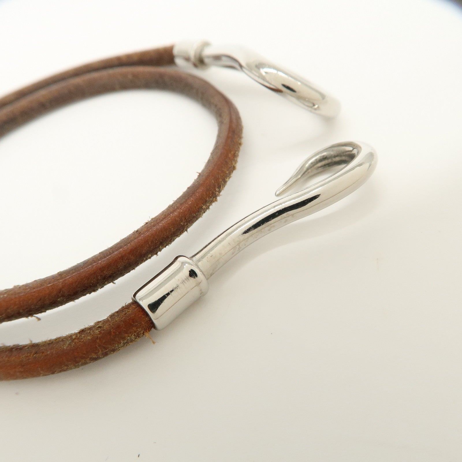 HERMES Leather Metal Jumbo Choker Bracelet Brown Silver