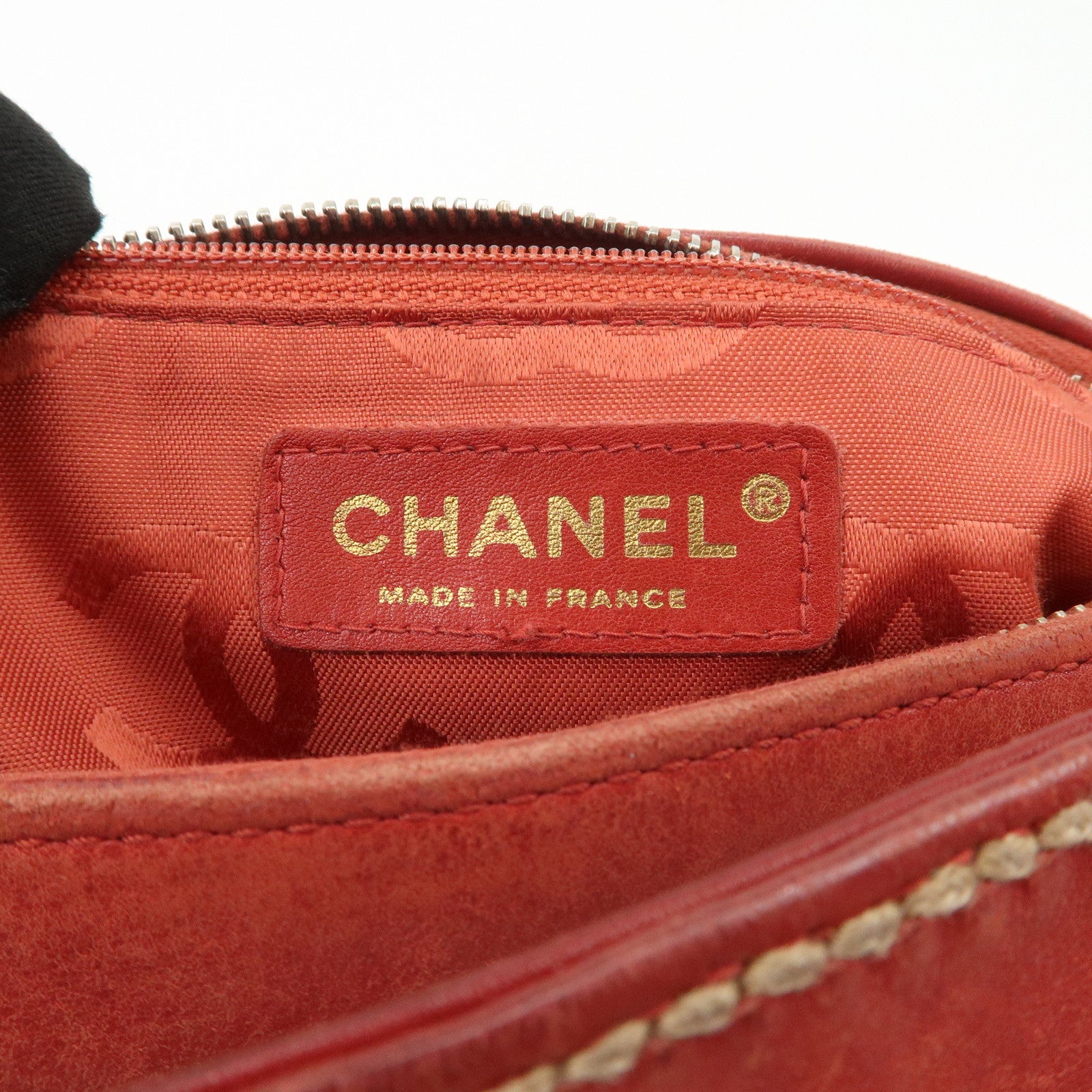CHANEL COCO Mark Wild Stitch Lamb Skin Leather Hand Bag Red