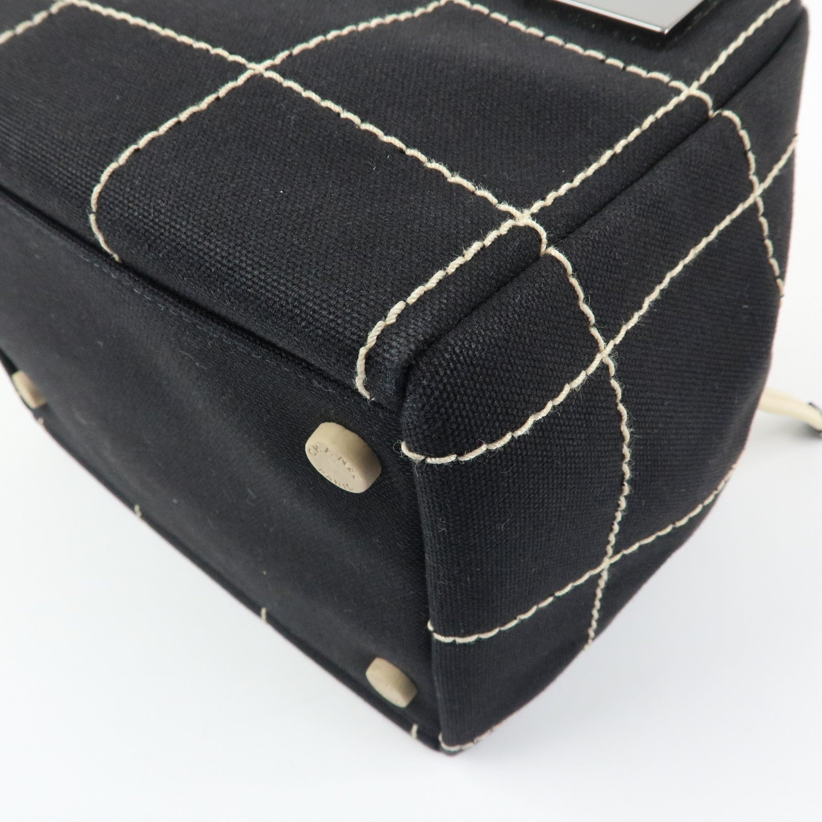 CHANEL Chocolate Bar Canvas Leather Hand Bag Black Ivory