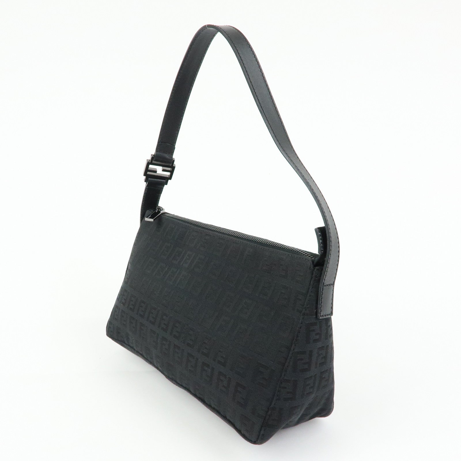 FENDI Zucchino Canvas Leather Shoulder Bag Hand Bag Black 8BR444