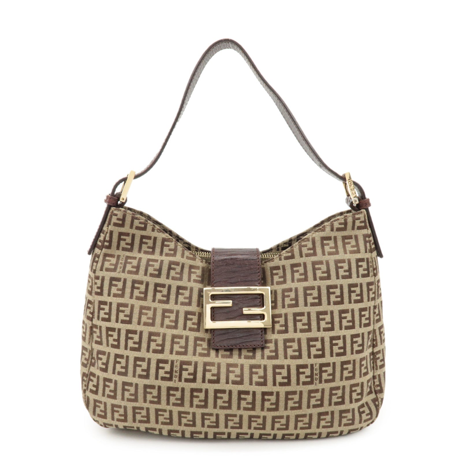 FENDI Zucchino Canvas Leather Shoulder Bag Beige Brown 8BR036 Used