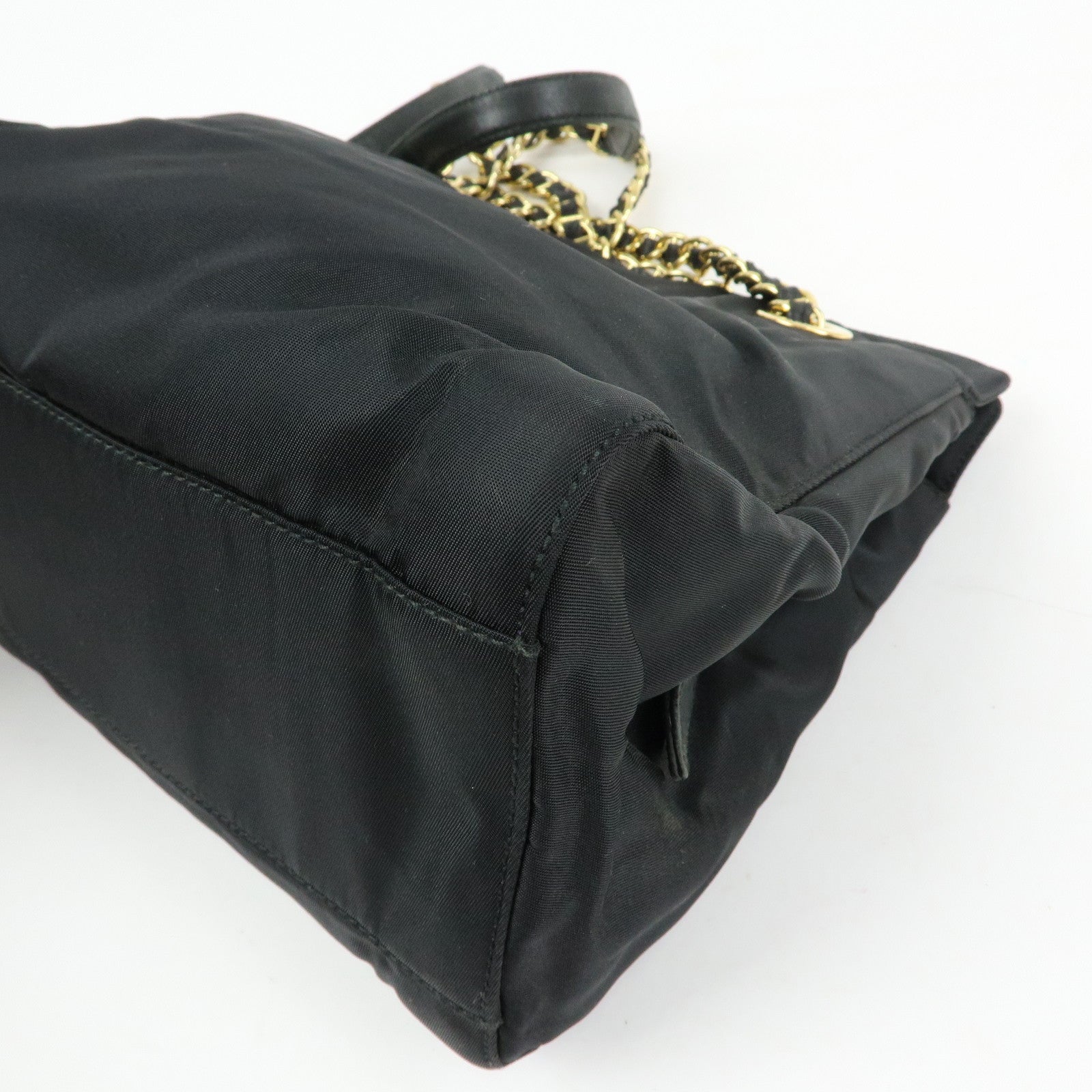PRADA Triangle Logo Nylon Leather Chain Shoulder Bag Black B4394