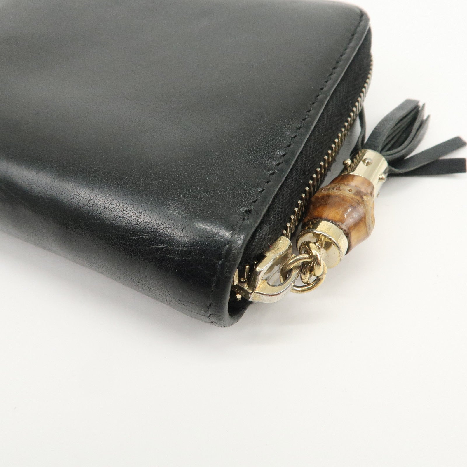 GUCCI Bamboo Logo Leather Round Zippy Wallet Black 224253