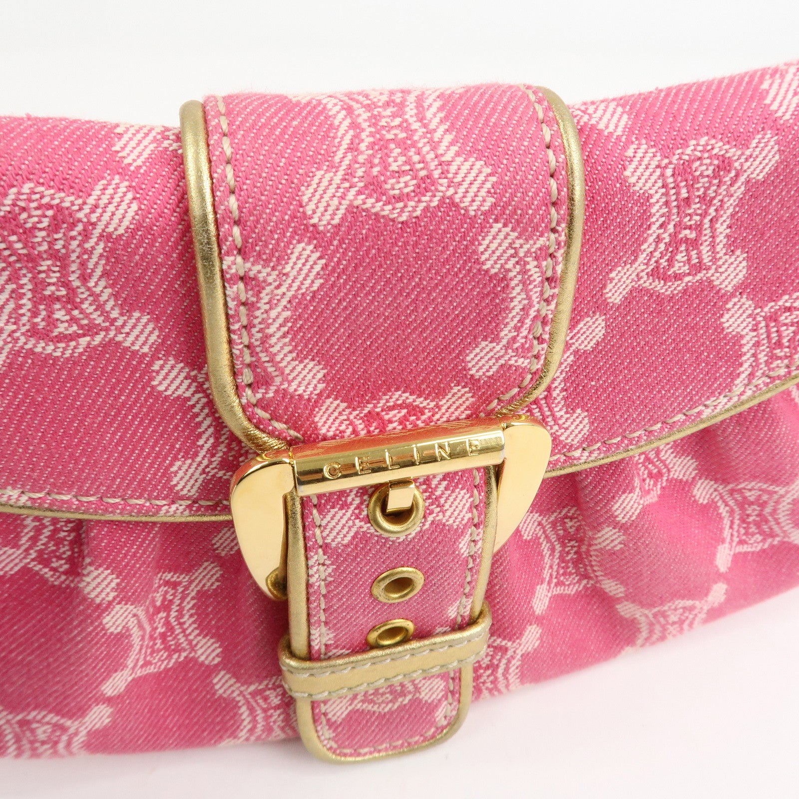 CELINE Triomphe Leather Canvas Shoulder Bag Hand Bag Pink Gold