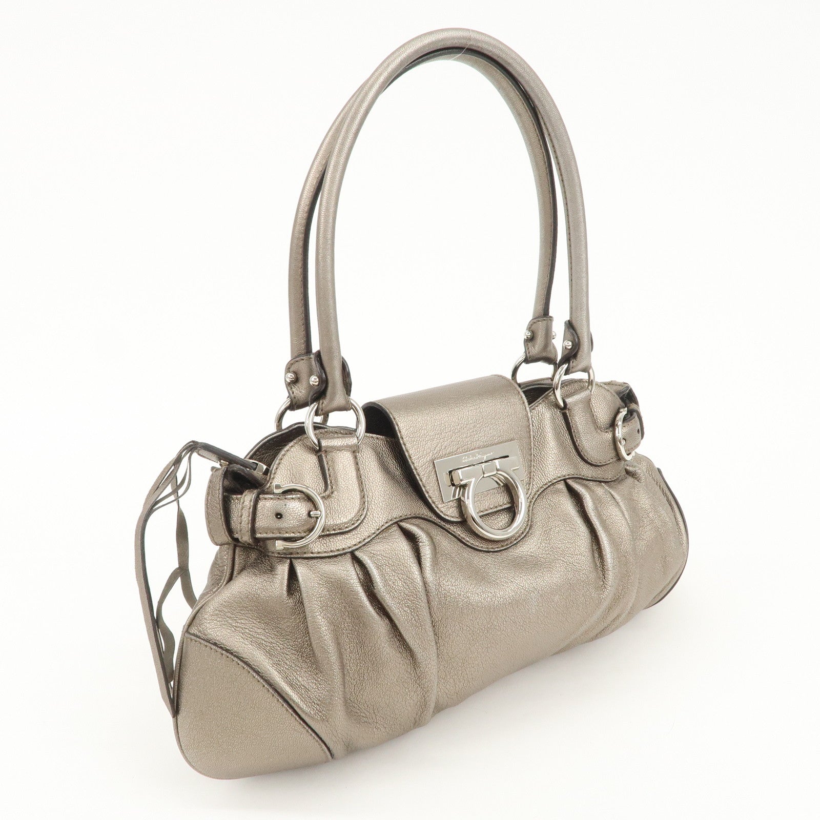 Ferragamo Gancini Leather Hand Bag Shoulder Bag Silver Gray