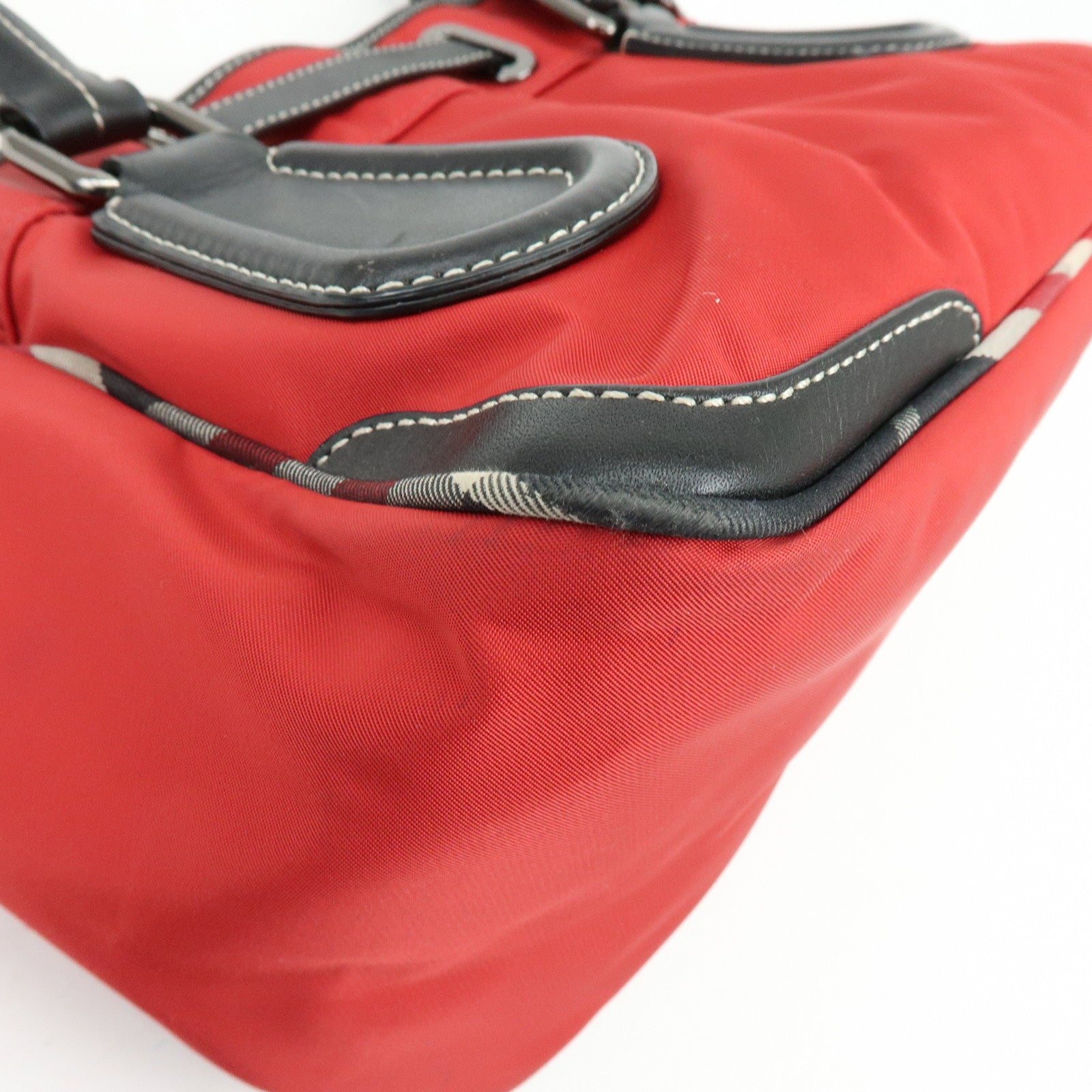BURBERRY Blue Label Nova Plaid Nylon Leather Tote Bag Red Black