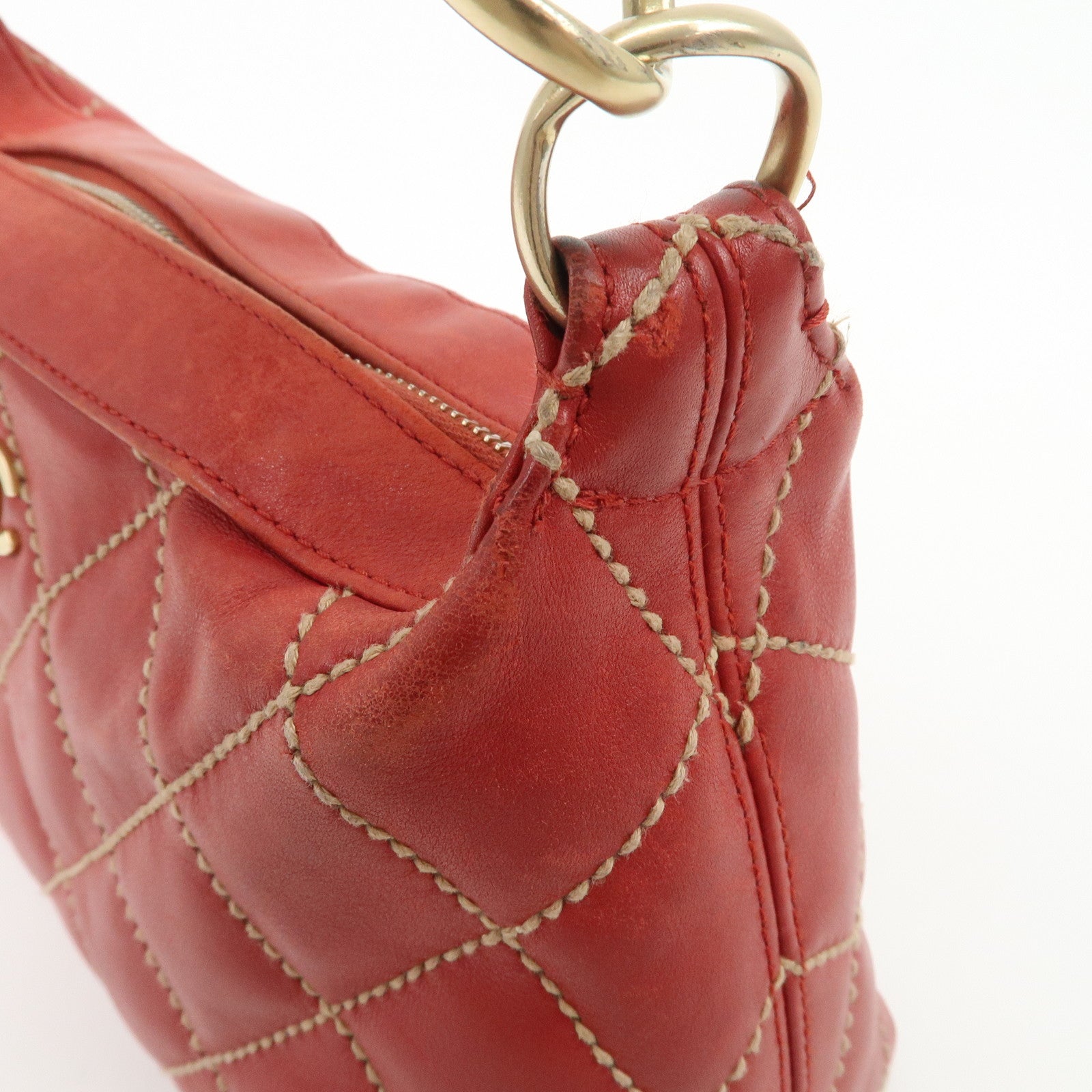 CHANEL COCO Mark Wild Stitch Lamb Skin Leather Hand Bag Red