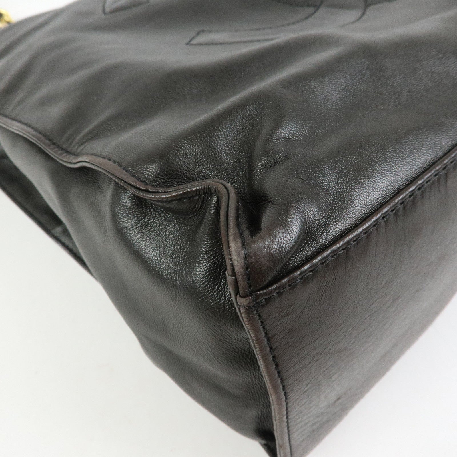 CHANEL COCO Mark Lamb Skin Tote Bag Shoulder Bag Dark Brown