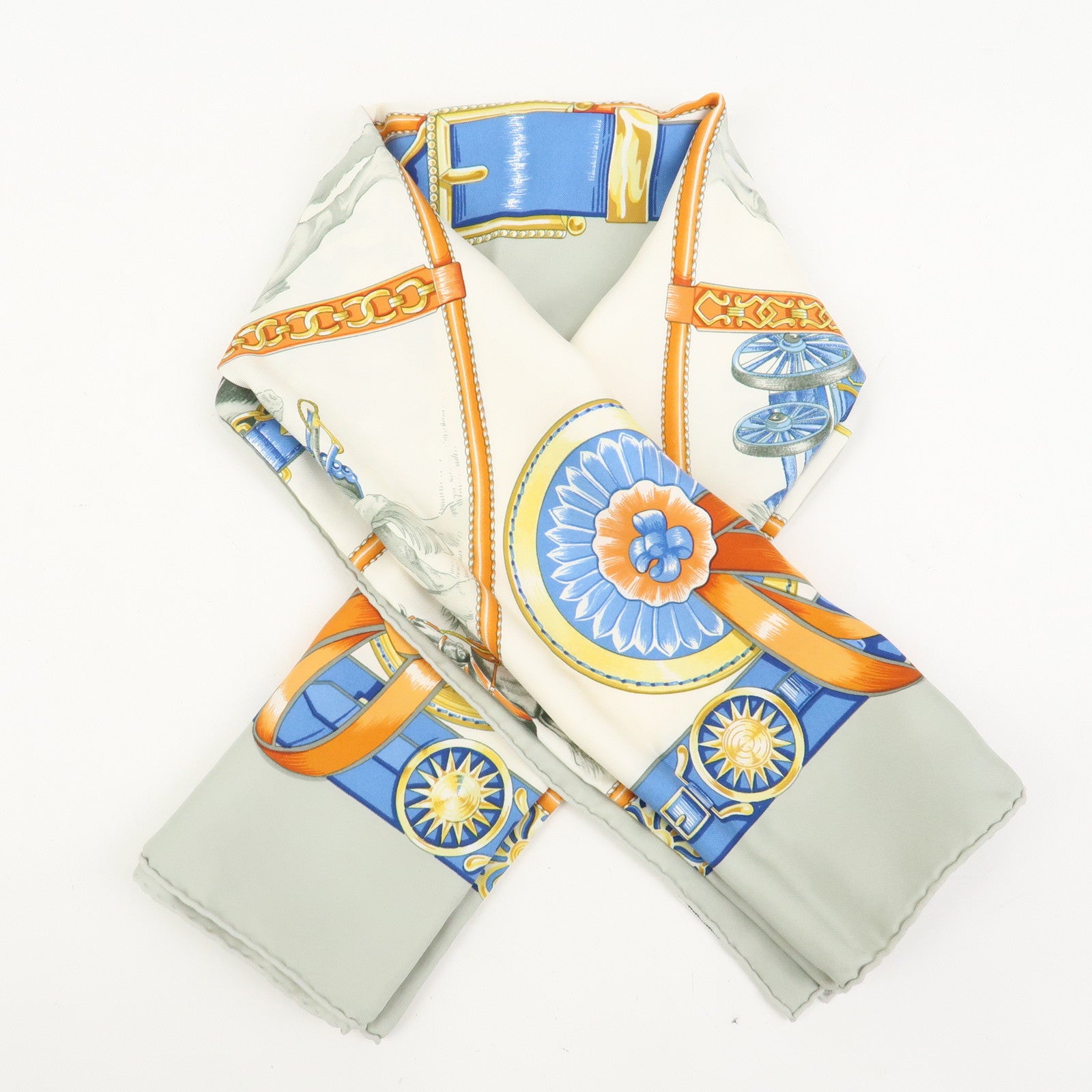 HERMES Carre 90 Silk 100% Scarf CHEVAUX DE TRAIT Ivory Multicolor