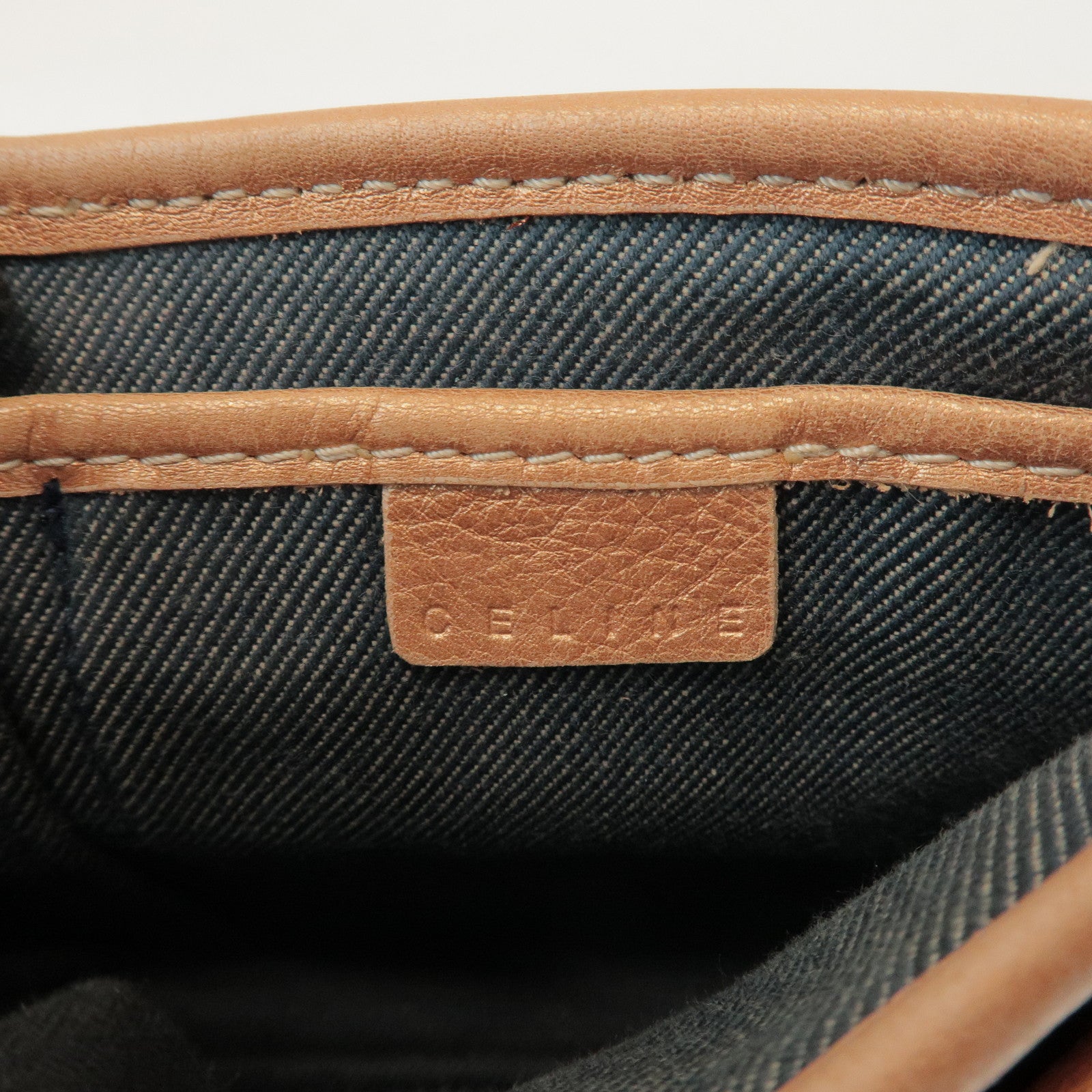 CELINE Macadam Denim Leather Shoulder Bag Metallic Pink Beige