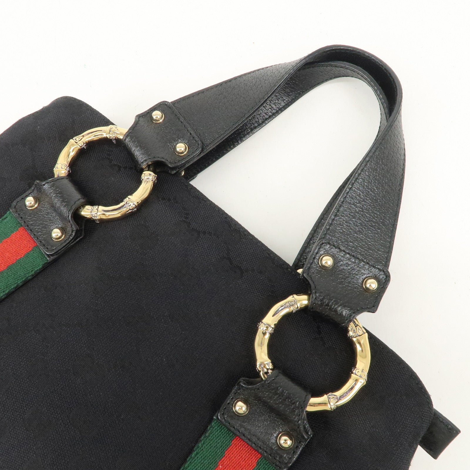 GUCCI Sherry Canvas Leather Tote Bag Hand Bag Black 131324 Used