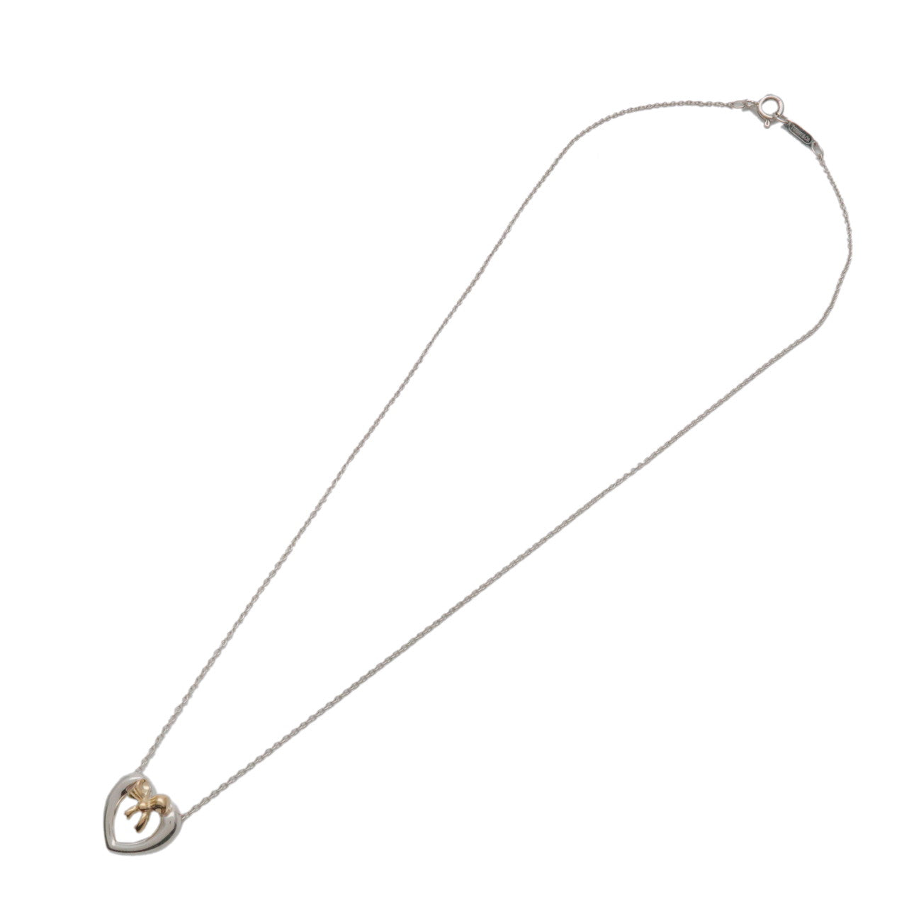 Tiffany & Co Open Heart Ribbon Necklace SV925 750YG Silver
