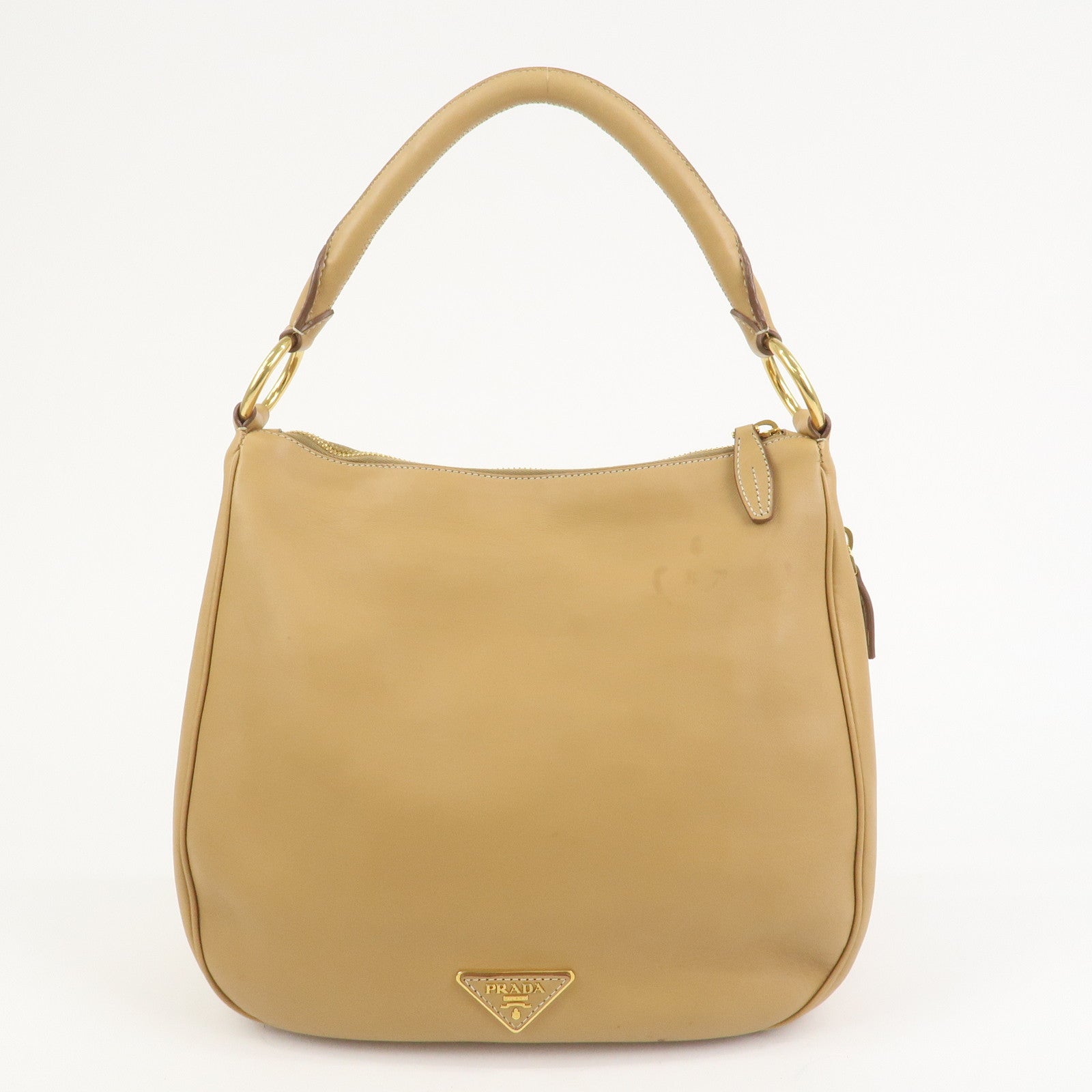 PRADA Triangle Logo Leather Shoulder Bag Hand Bag Camel