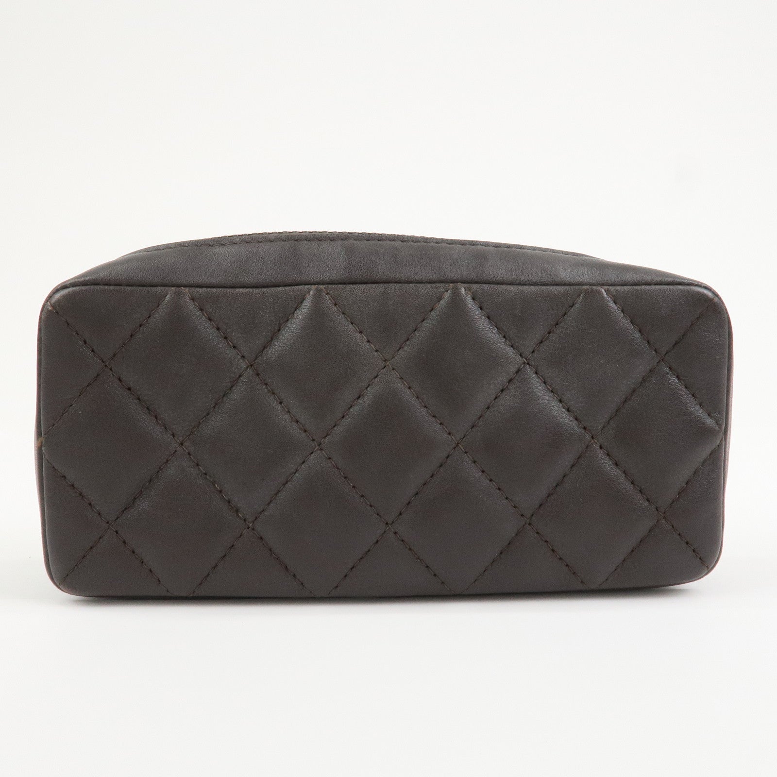 CHANEL Cambon Line COCO Mark Lambskin Cosmetic Pouch Brown