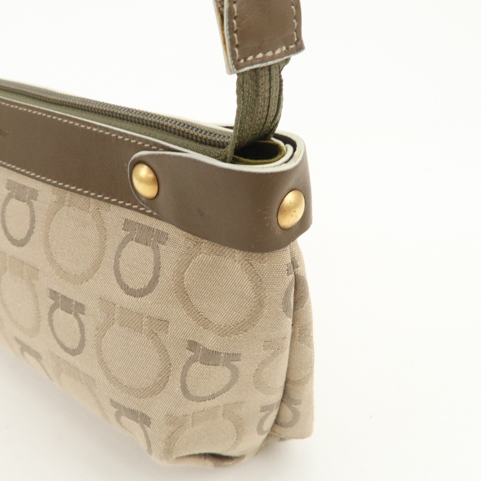 Ferragamo Gancini Canvas Leather Shoulder Bag Hand Bag Beige Brown