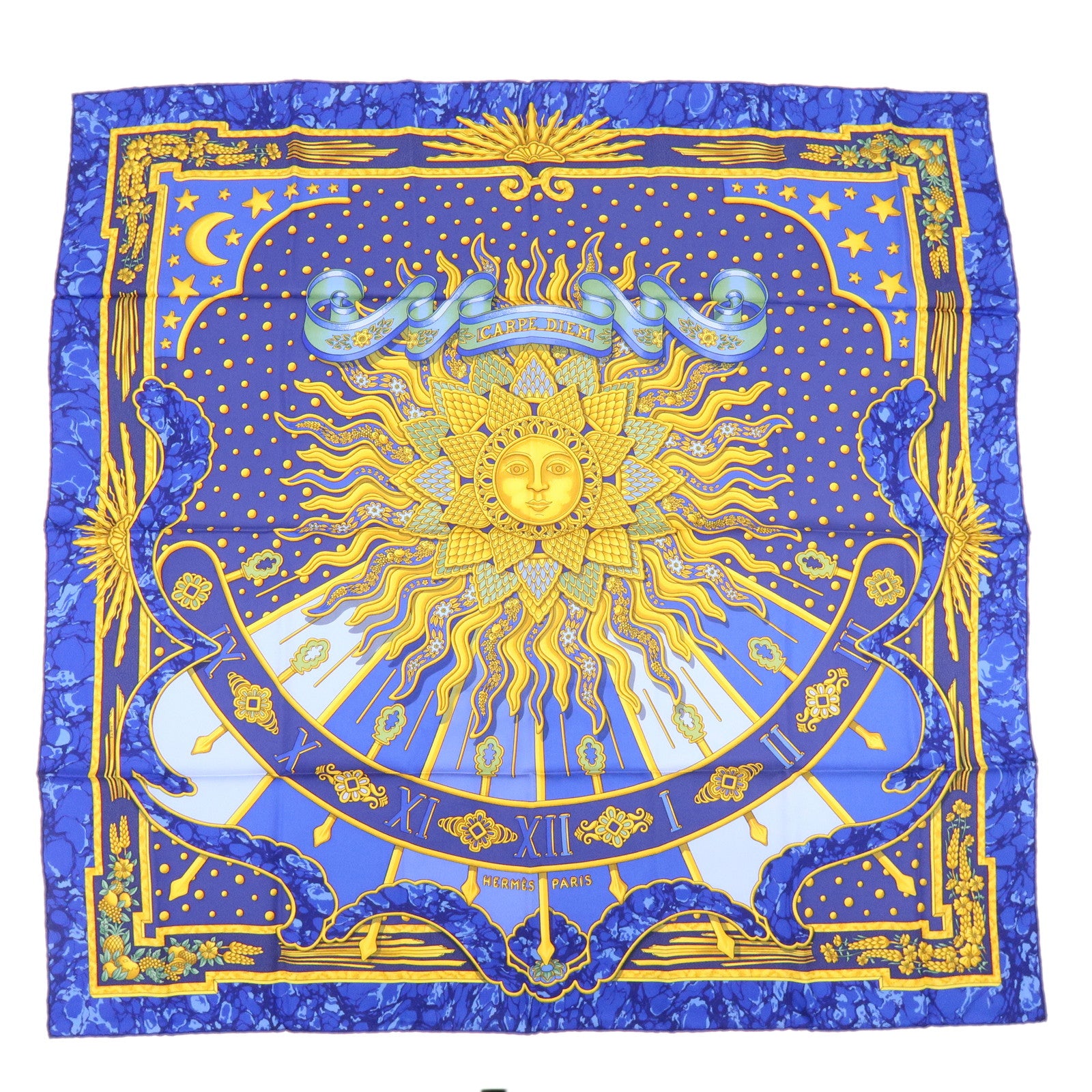 HERMES Carre 90 Silk 100% Scarf CARPE DIEM Blue Yellow