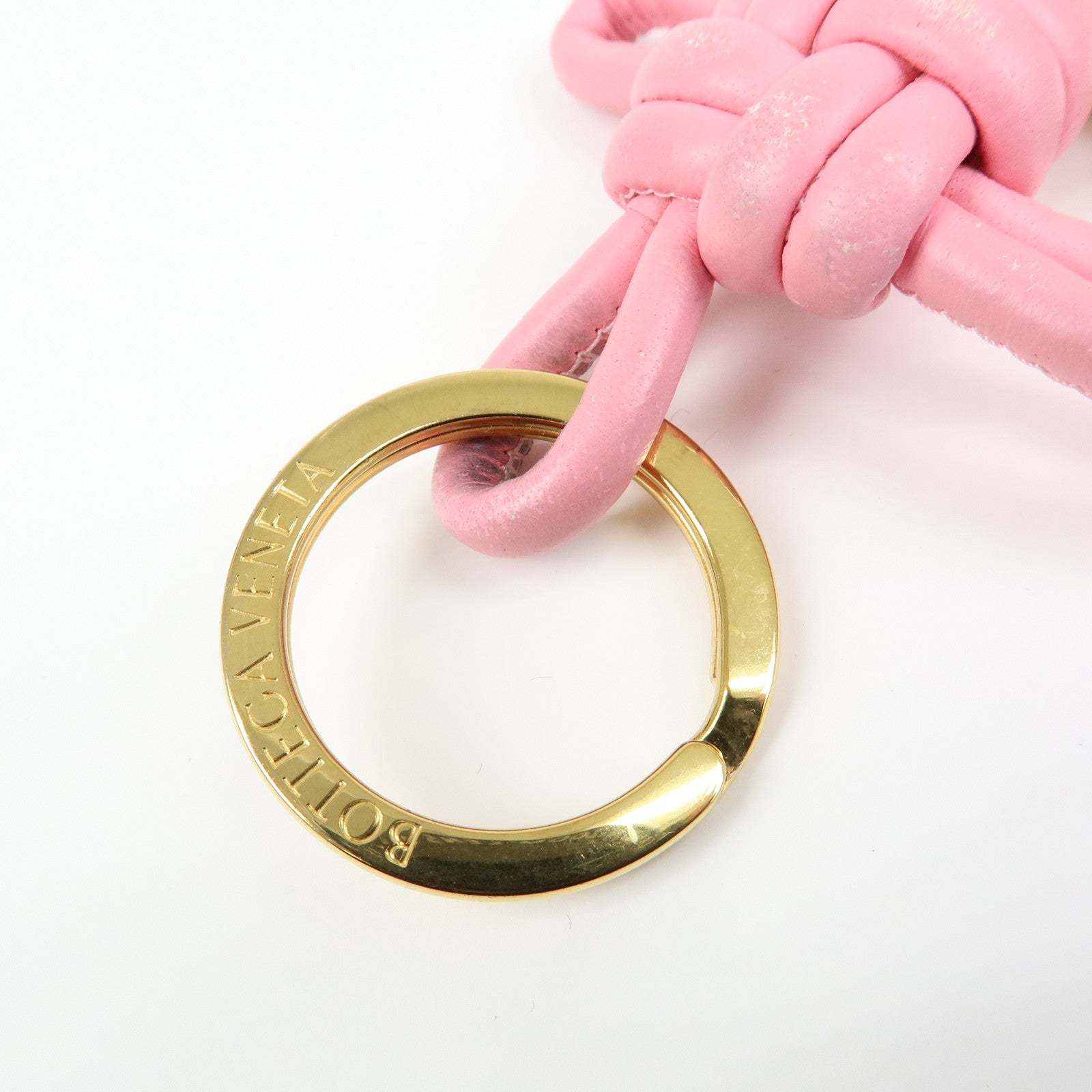 BOTTEGA VENETA Leather Metal Bag Charm Key Chain Gold Pink