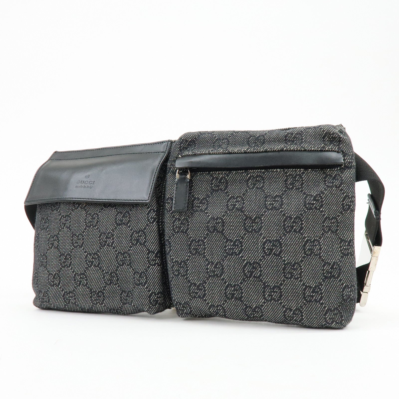 GUCCI GG Denim Leather Waist Bag Crossbody Bag Black 28566