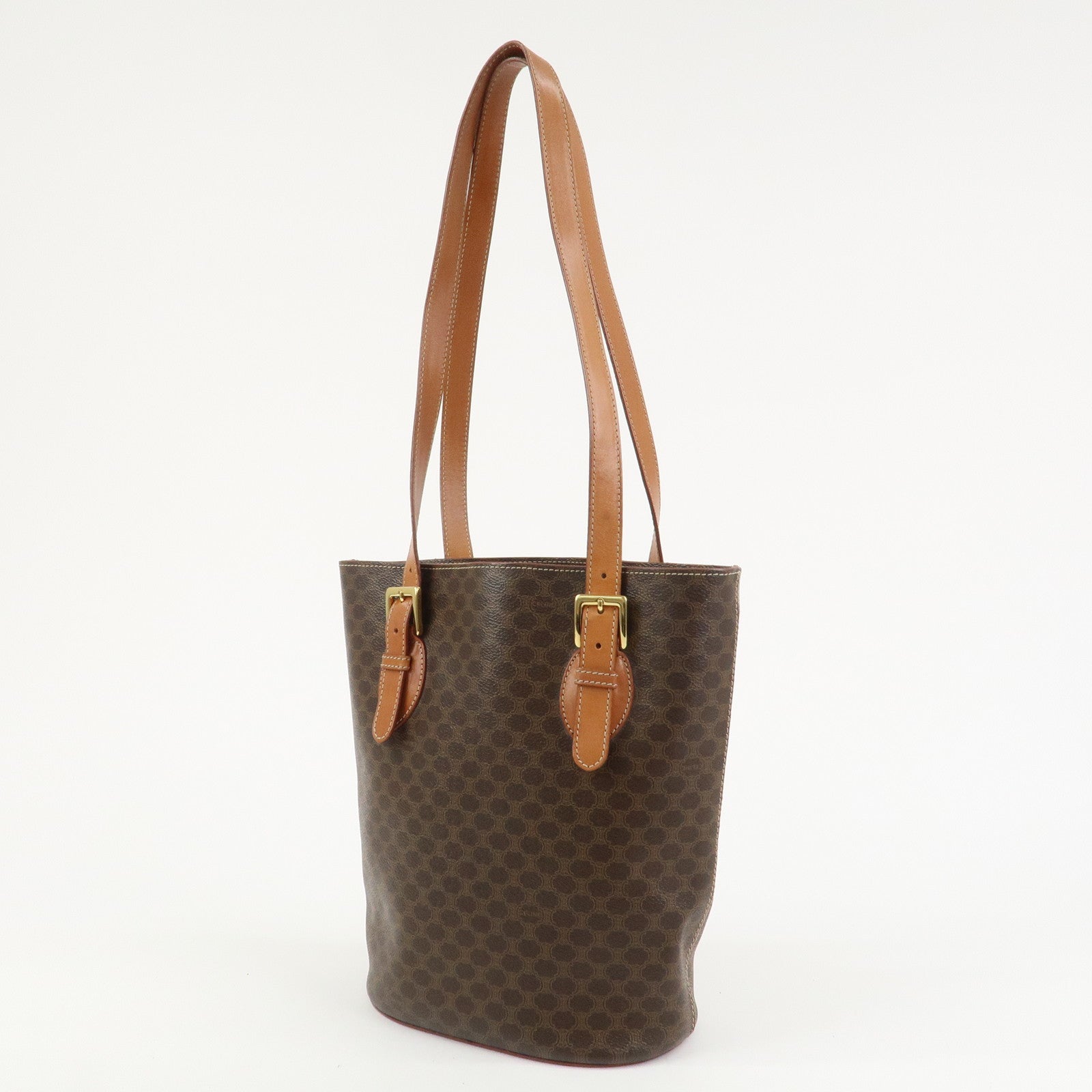 CELINE Macadam PVC Canvas Leather Tote Bag Hand Bag Brown